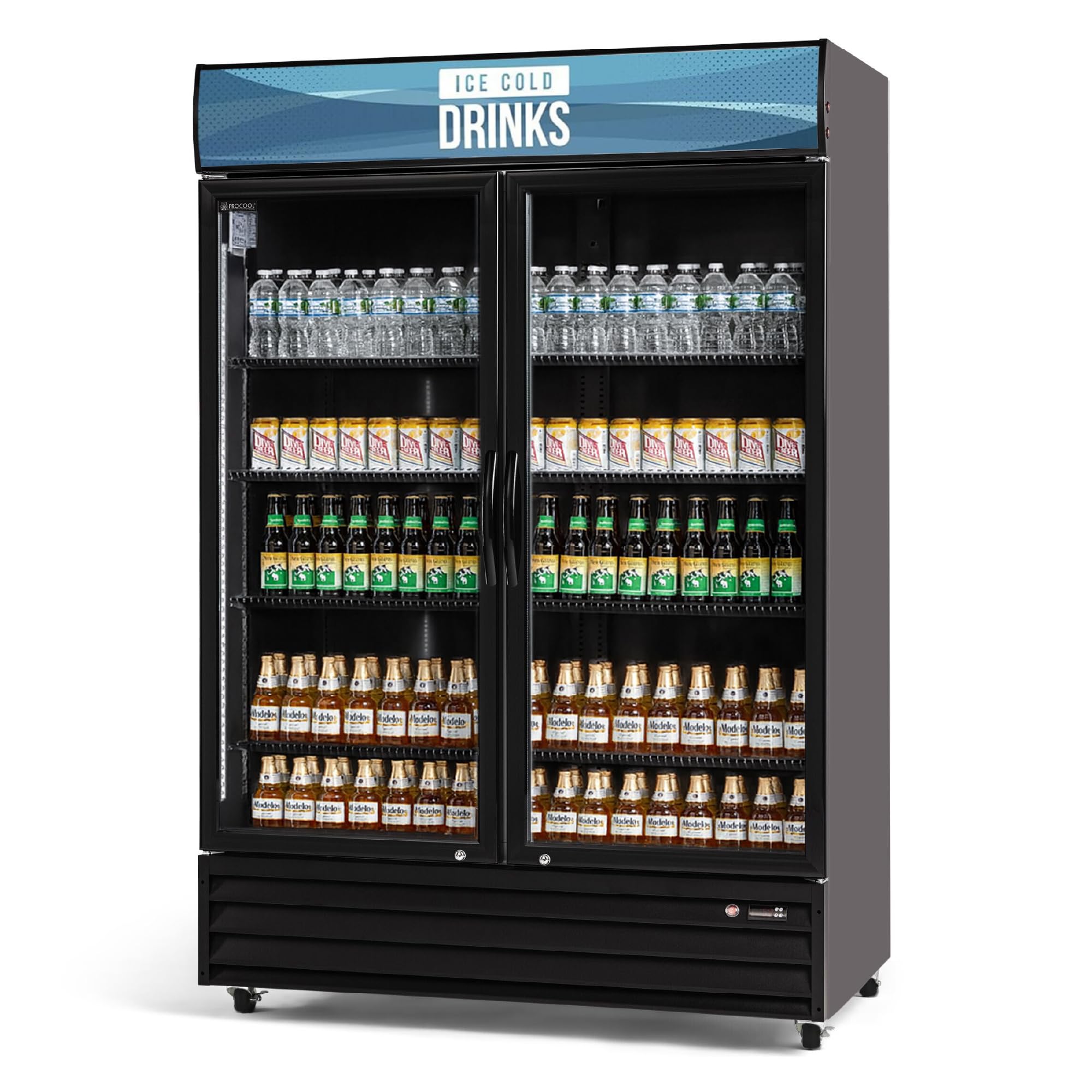 Procool Black Display Refrigerator, 43 CuFt, 2 Door, Ice Cold Drinks Sign