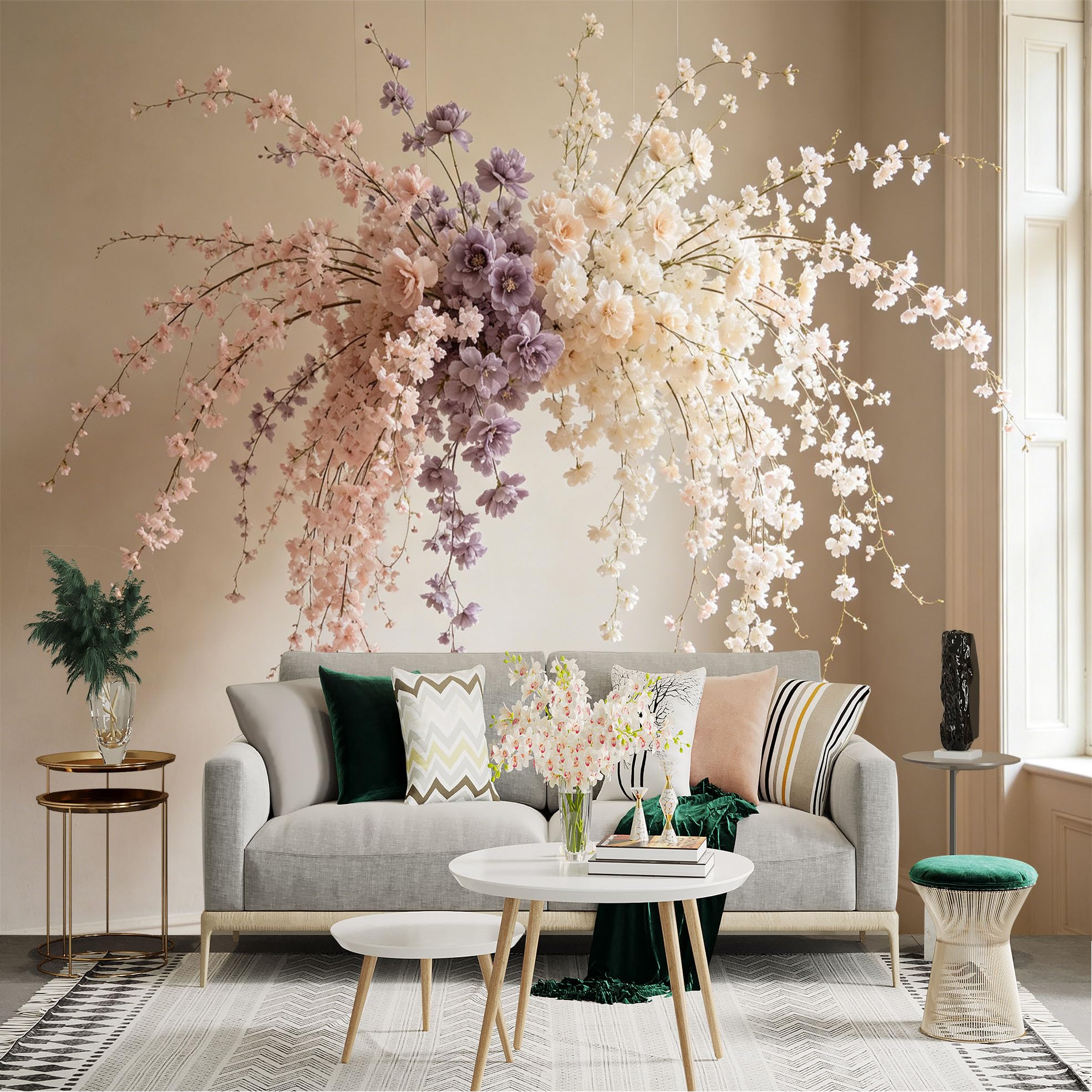 Lnzczhyre Dbh260521792 Custom Size Wall Sticker Mural， Soft Pastel Hanging Flowers， Pink And Purple Floral Arrangement， Elegant Botanical Bloom， For Wall Decoration， Peelandstick Wall Decals.