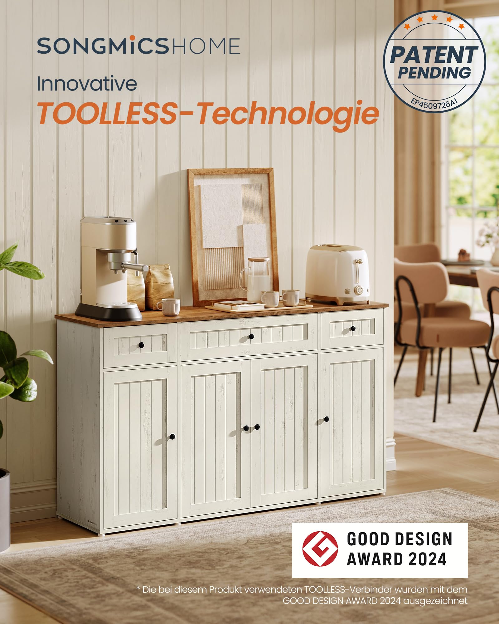SONGMICS Home Sideboard, superschnelle werkzeuglose Montage, Toolless-Technologie, Küchenschrank mit Arbeitsplatte, Buffetschrank, verstellbare Ablagen, vintageweiß-honigbraun BBK376WJ02
