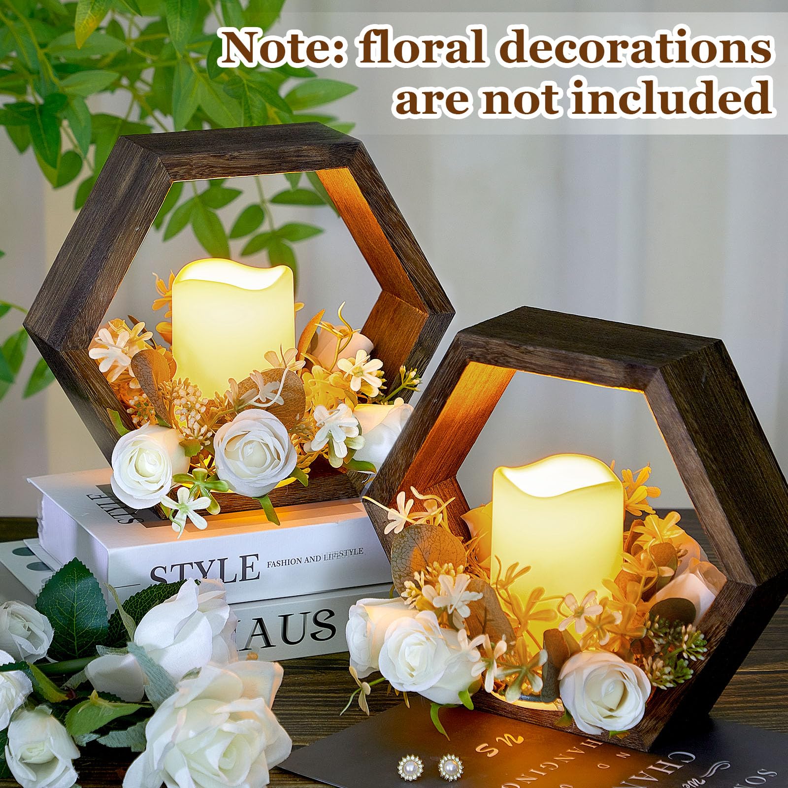 Juego de 16 faroles de madera para velas, incluye 8 centros de mesa rústicos para mesa y 8 velas LED decorativas sin llama para bodas, marrón oscuro, hexagonal 6