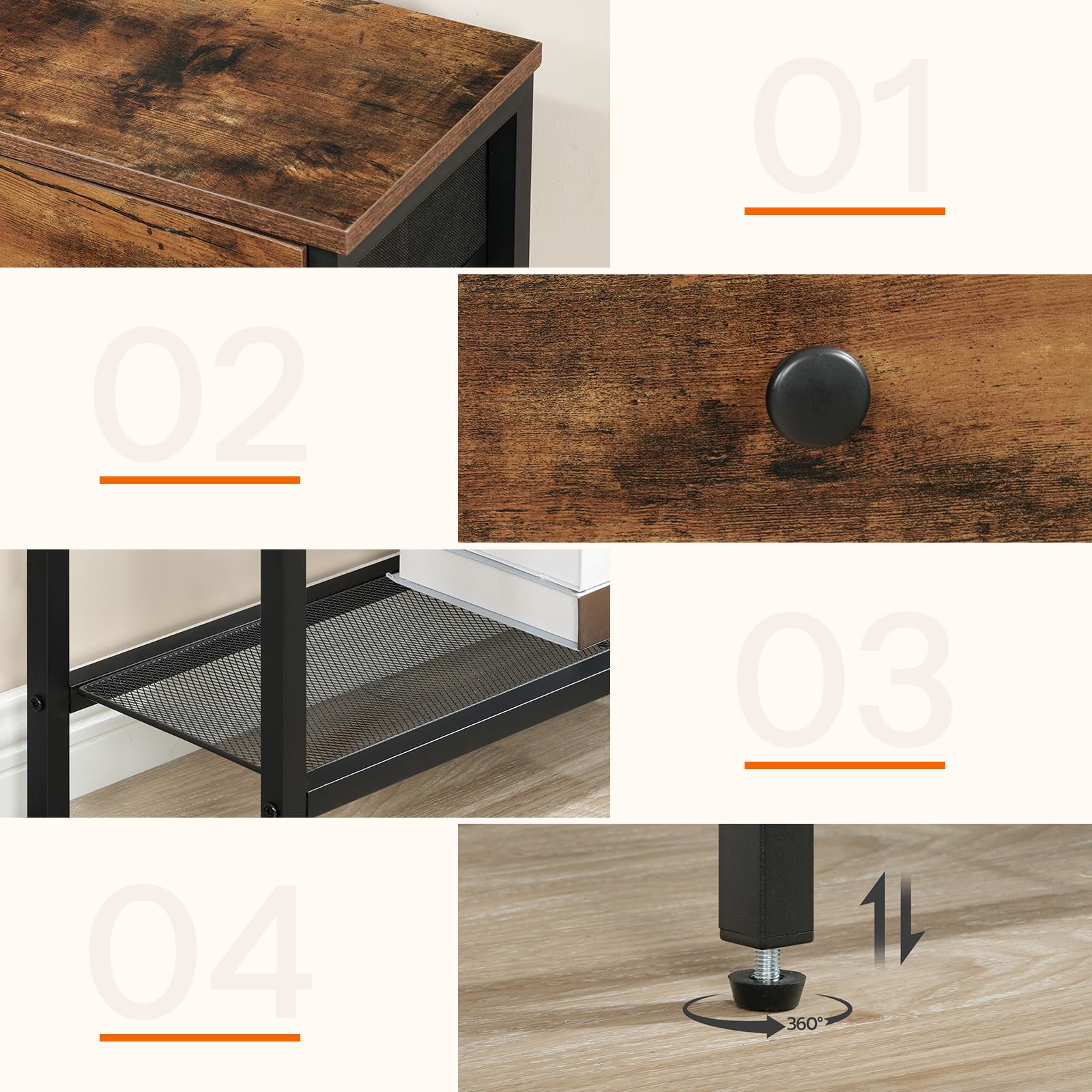 HOOBRO Mesa de Consola Estrecha con 3 Cajones, Mesa Auxiliar, Mueble Industrial para Sofá, con Estante de Almacenamiento, para Pasillo, Dormitorio y Recibidor, Marrón Rústico y Negro EBF83XG01