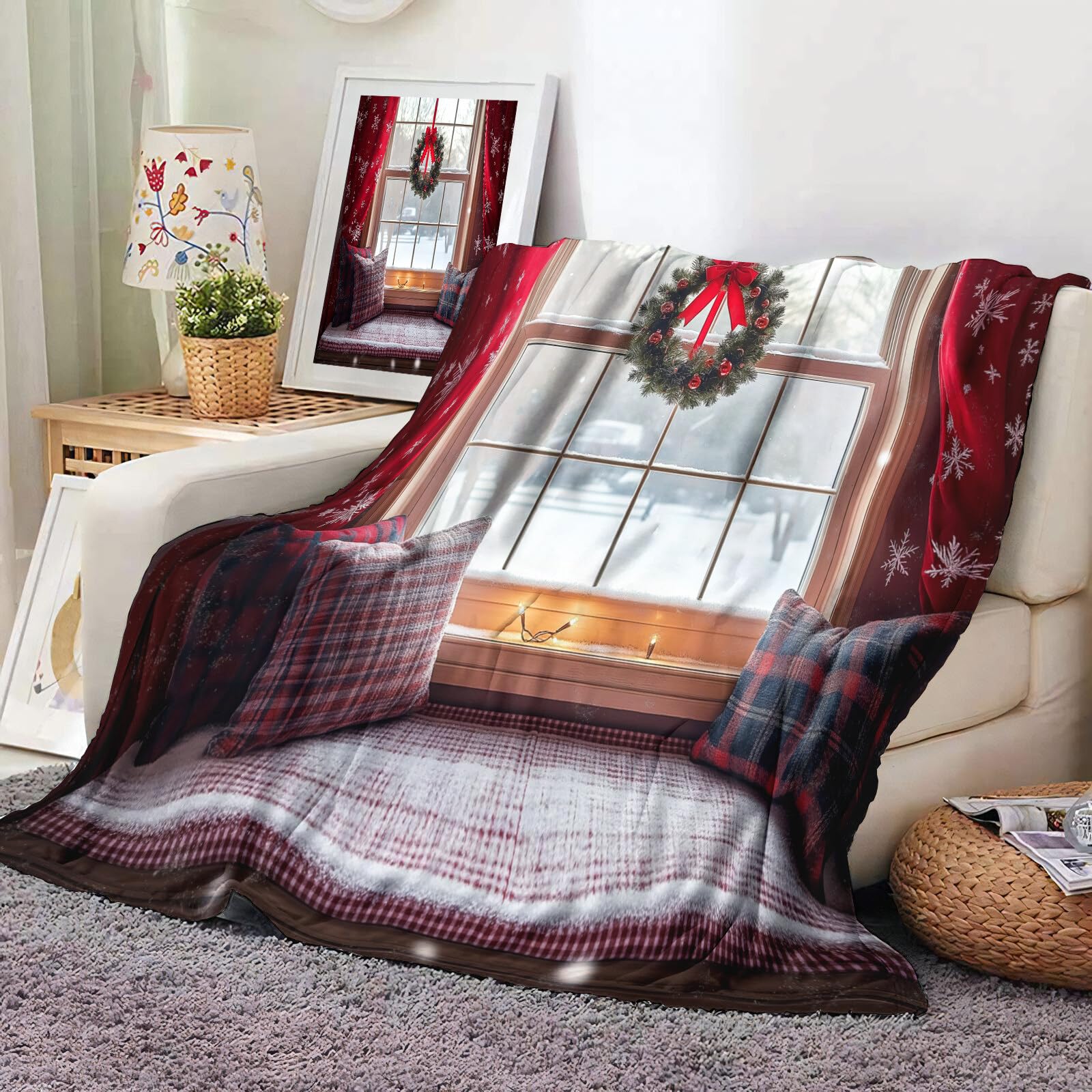 Manta De Navidad Rojo Blanco Habitación Garland 220X240Cm Suave Cálida Y Peluda Decoración Navideña,Acogedora Paisaje Navideño Adolescentes De Adultos para TV Sofá En Vacaciones