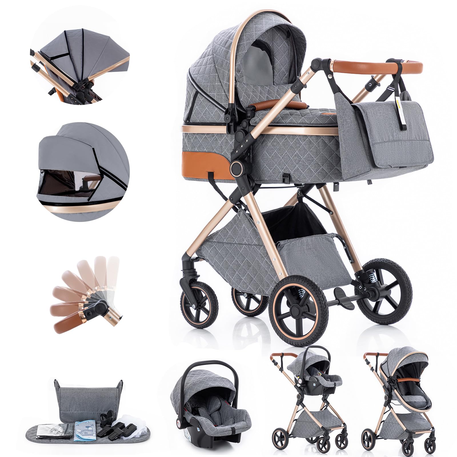 Gcarebb 3 in 1 Prams Travel System, Pushchair with Height Adjustable Handle, Travel Pram with Rain Cover, Baby Stroller with Aluminum Frame for Newborn