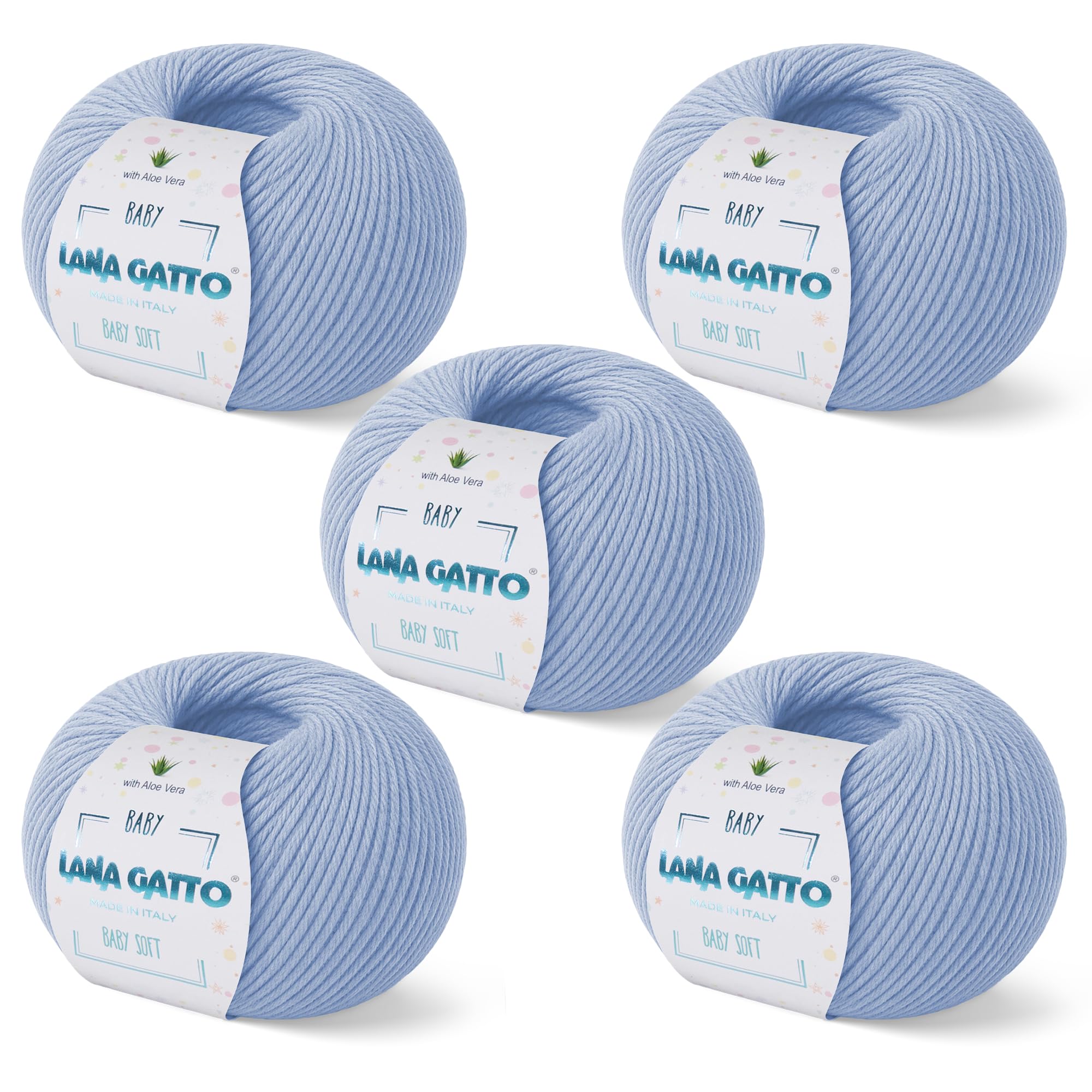 Ovillos para tejer, 100% Pura Lana Merino Virgen Extrafina de Lana Gatto. Línea infantil Baby Soft, lana natural para bebé con Aloe Vera, 250 g. 850 mt, (Azul Claro - 12260, 5)