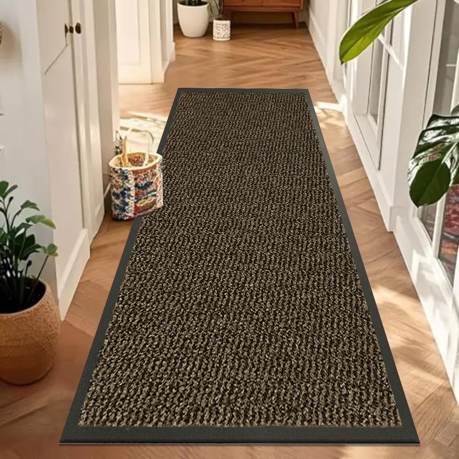 Waterproof Runner Rug for Kitchen Floor - Brown, 90 x 150 cm - Heavy Duty Non Shed Waterproof PVC Backing Dirt Grabber Entrance Welcome Mat