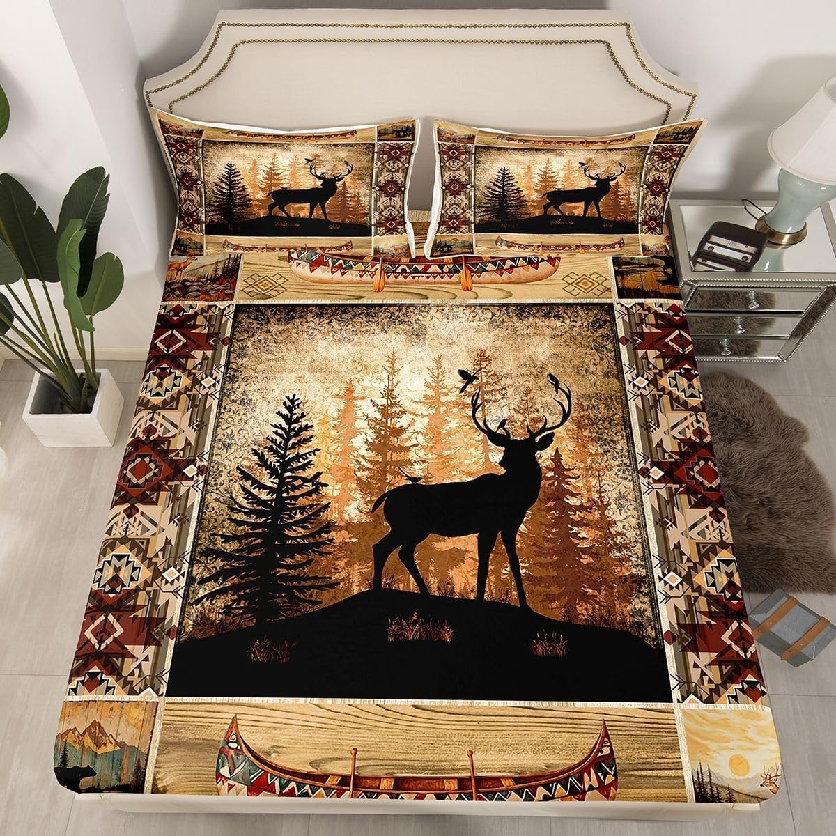 Sabana Bajera 135x190 Estilo RúStico Sabanas Bajeras Estampadas Ciervo Salvaje Sábana Bajera Ajustable Suaves, Elastico Funda Colchon con 2 Funda Almohada 50x80 cm, para Colchón de 30cm de Altura