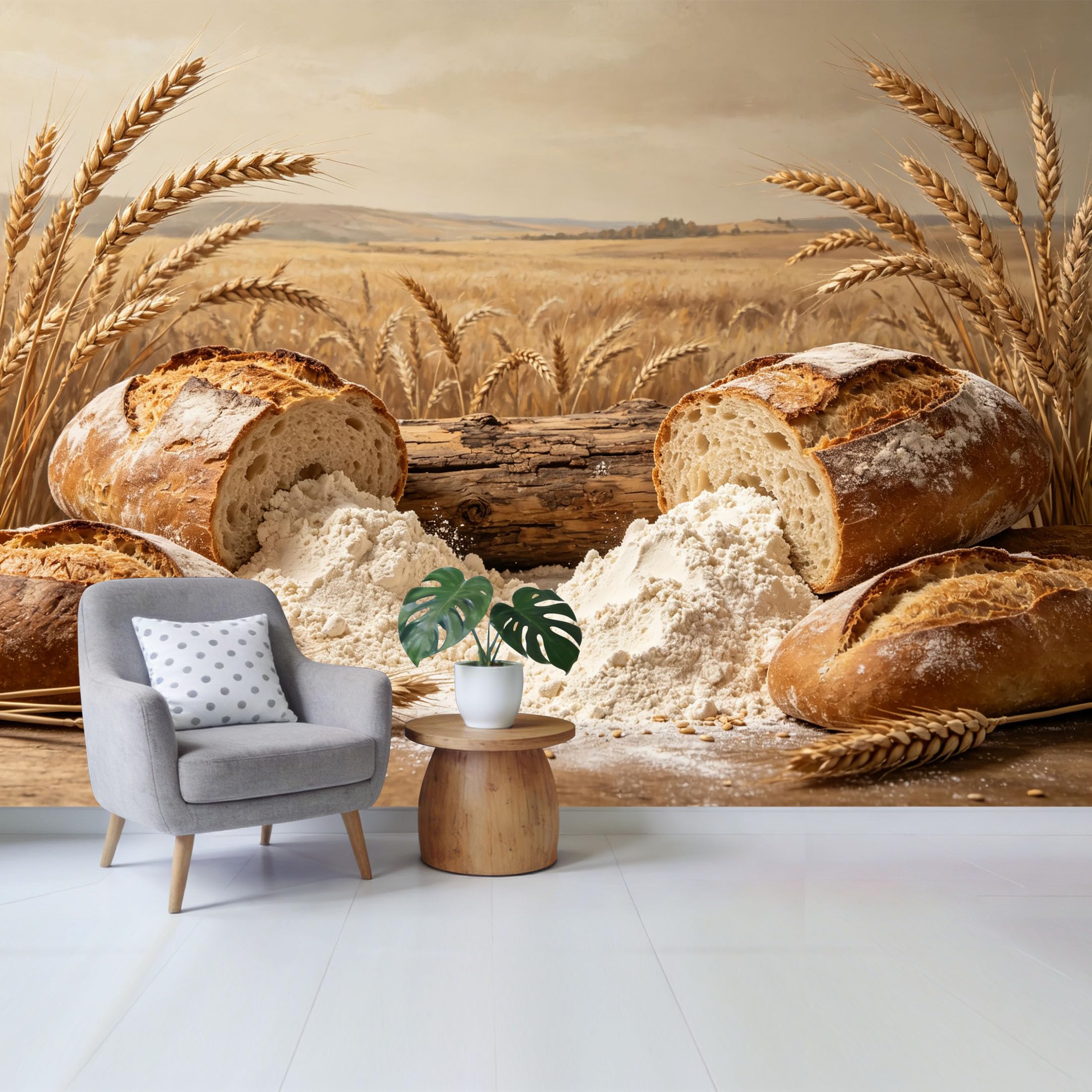 Qzlithotic Yq2605250346 Custom Size Wall Mural Rustic Bakery Wheat Field Bread Loaf Flour Farmhouse Style Selfadhesive Wall Fabric Removable Wallpaper For Home Office Decor
