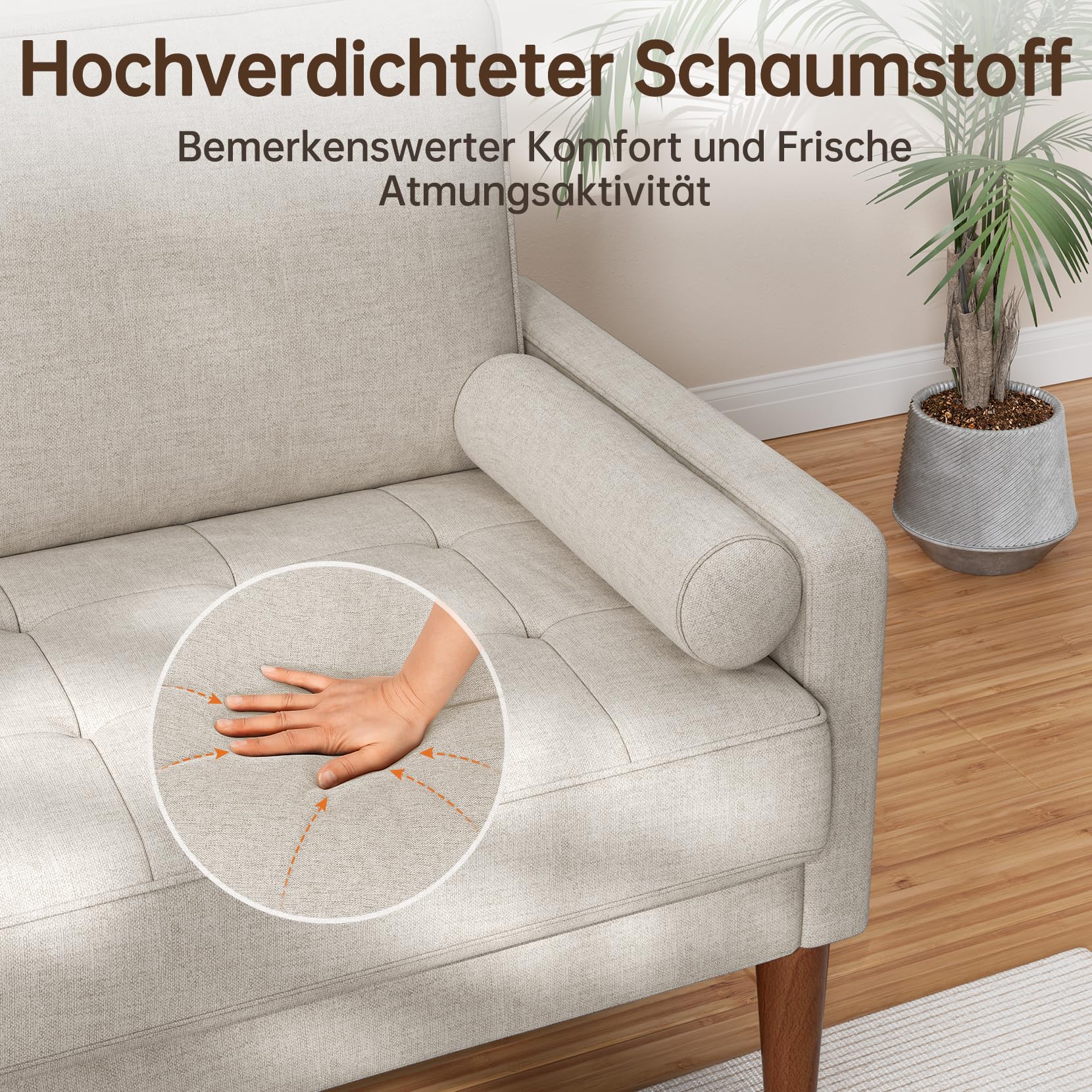 Vesgantti Sofa 2-Sitzer, 121 cm, Stoffcouch, Beigegrau, Couch 2 Sitzer mit 2 Wurfkissen, Kleine Stoffcouch mit Armlehne, Knöpfe Sitzkissen Gästesofa für Wohnzimmer/Wohnung/Büro