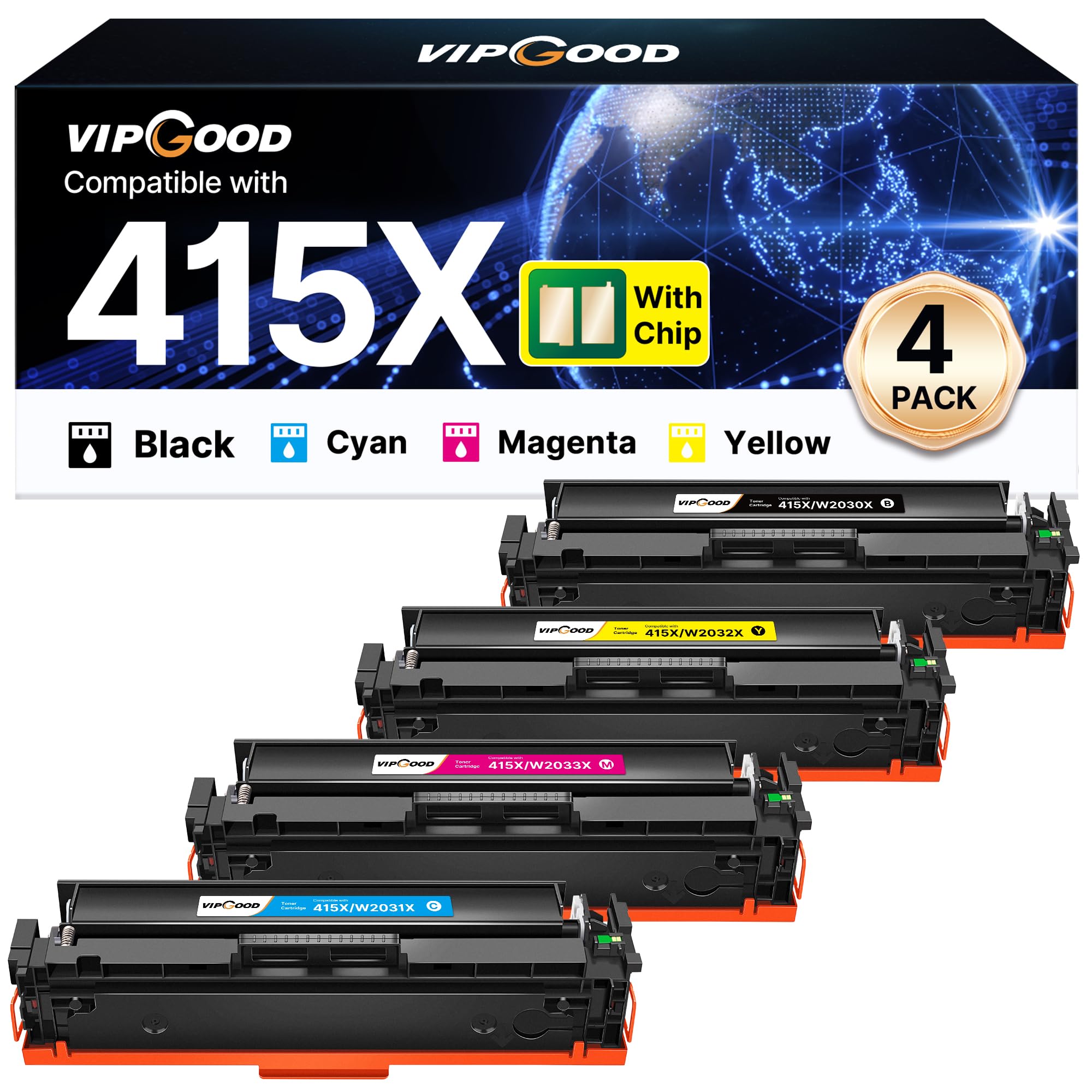 VIPGOOD 415X (Con Chip) Cartucce toner Compatibile per HP 415X 415A per Color LaserJet Pro MFP M479fdw M479dw M479dn M479 M454dw M454dn W2030X W2031X W2032X W2033X (Nero Ciano Giallo Magenta, 4-Pack)