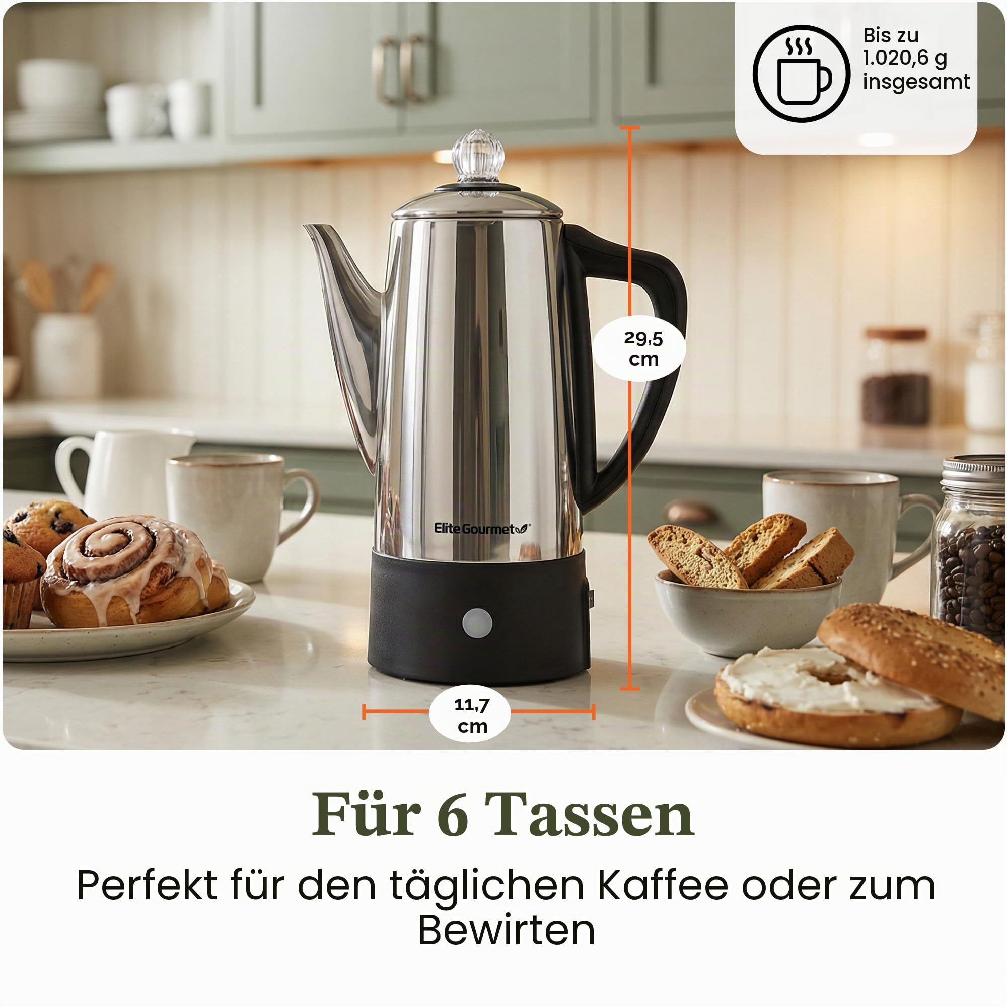 Elite Gourmet EC140 Elektrischer Kaffee-Perkolator für 6 Tassen mit Warmhalten, durchsichtigem Braufortschrittsknopf, Cool-Touch-Griff, kabelloser Servieren, Edelstahl