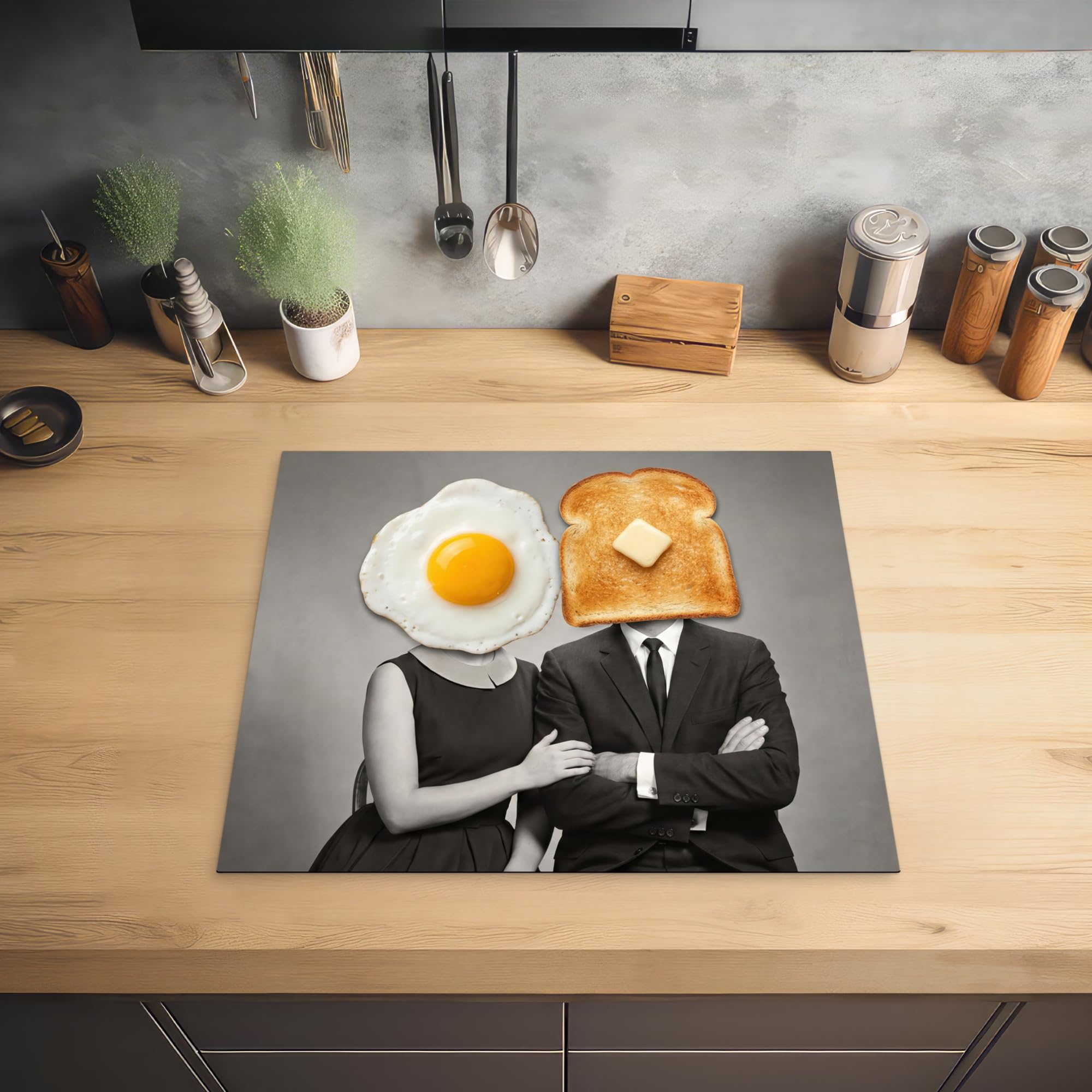 KitchenYeah© Protege Couvre Plaque De Cuisson Décoration Cuisine Tapis Protection Protecteur Induction 59x52 cm Petit-déjeuner - Couple - Œuf - Pain
