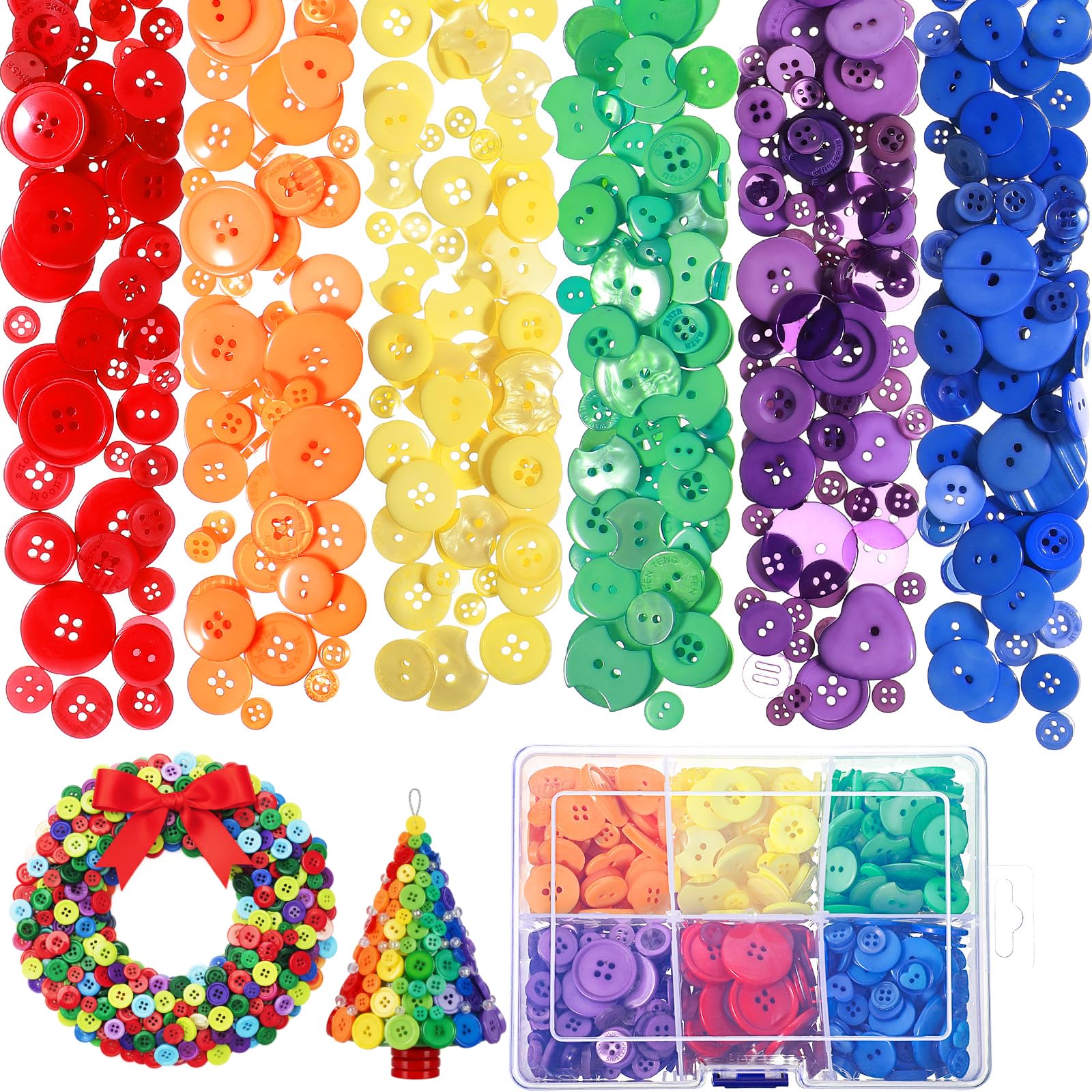 Boutons ronds en résine assortis : lot de 600 pièces colorées avec boîte de rangement à 6 cases