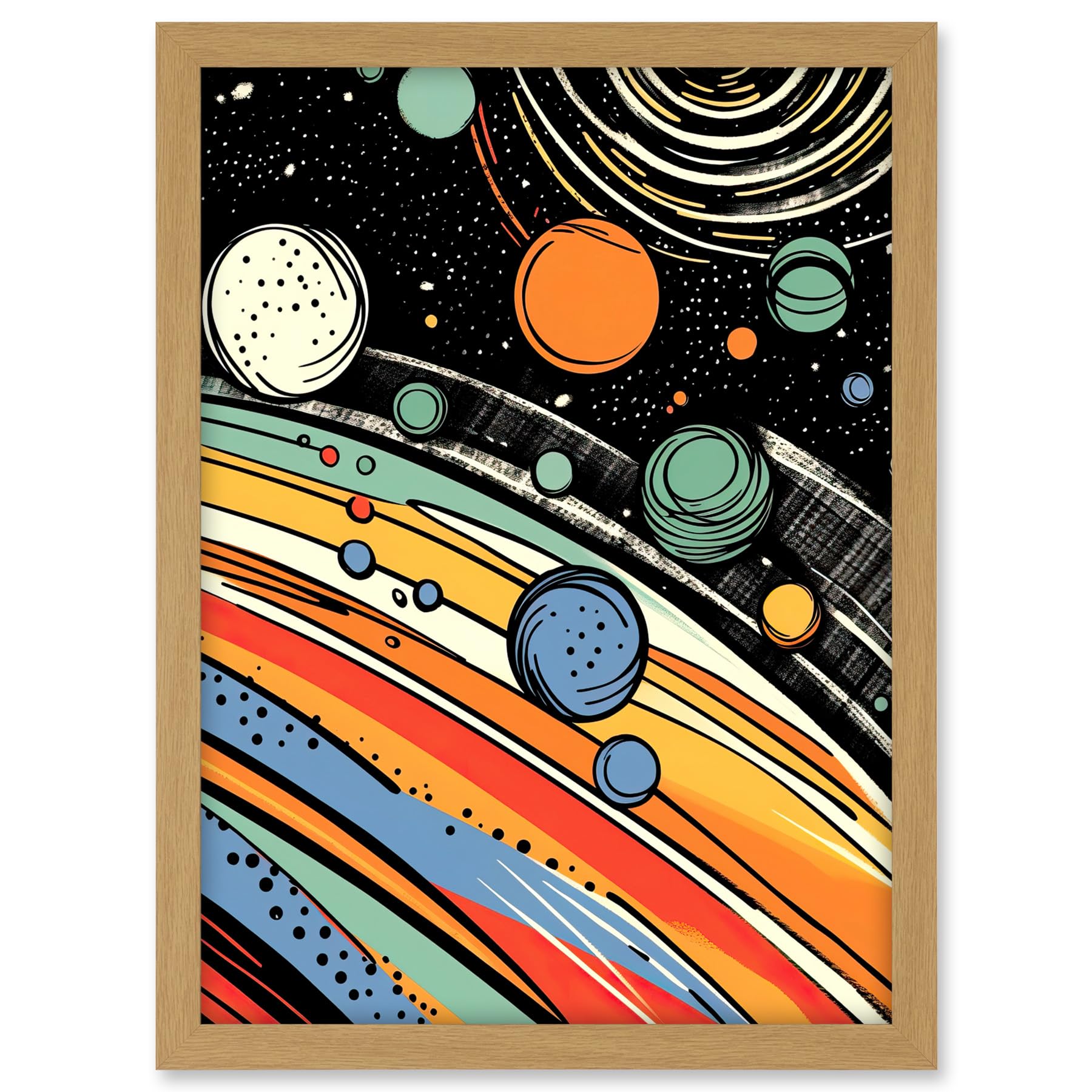 Artery8 Outer Space Comic Book Style Pastel Colour Milky Way Planets Rings Moons Sun Boys Room Artwork Framed A3 Wall Art Print