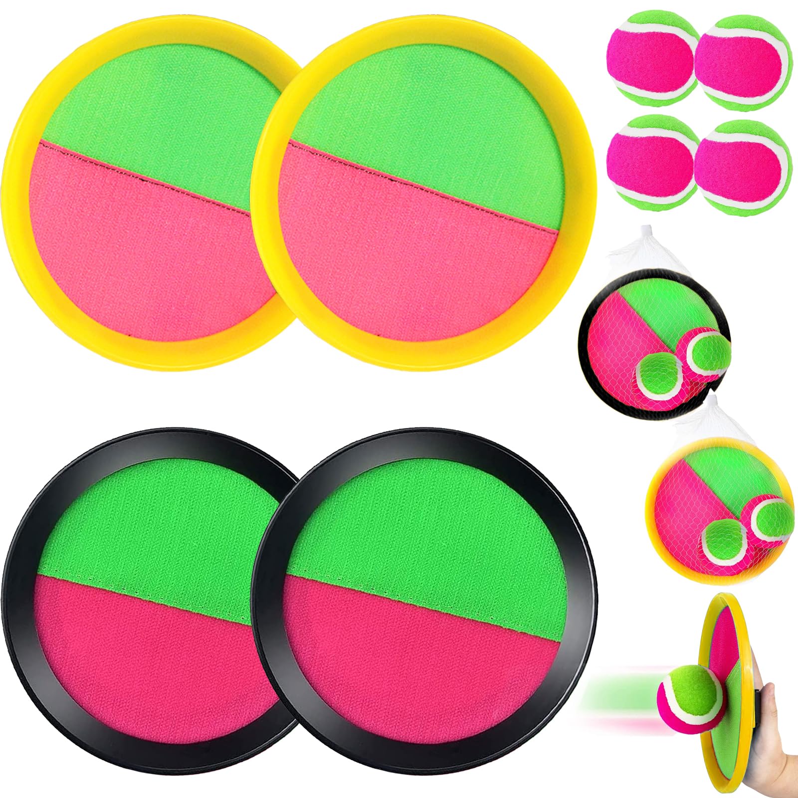 Captura Bolas Raqueta Set, Juego de Bola y Lanzamiento Playa Agua Jardin Exterior Interior Piscina Terraza, 4 Palas y 4 Bolas para Infantiles Adult 2 3 4 5 6 7 8 9 10 Años Cumpleaño Pascua Regalo