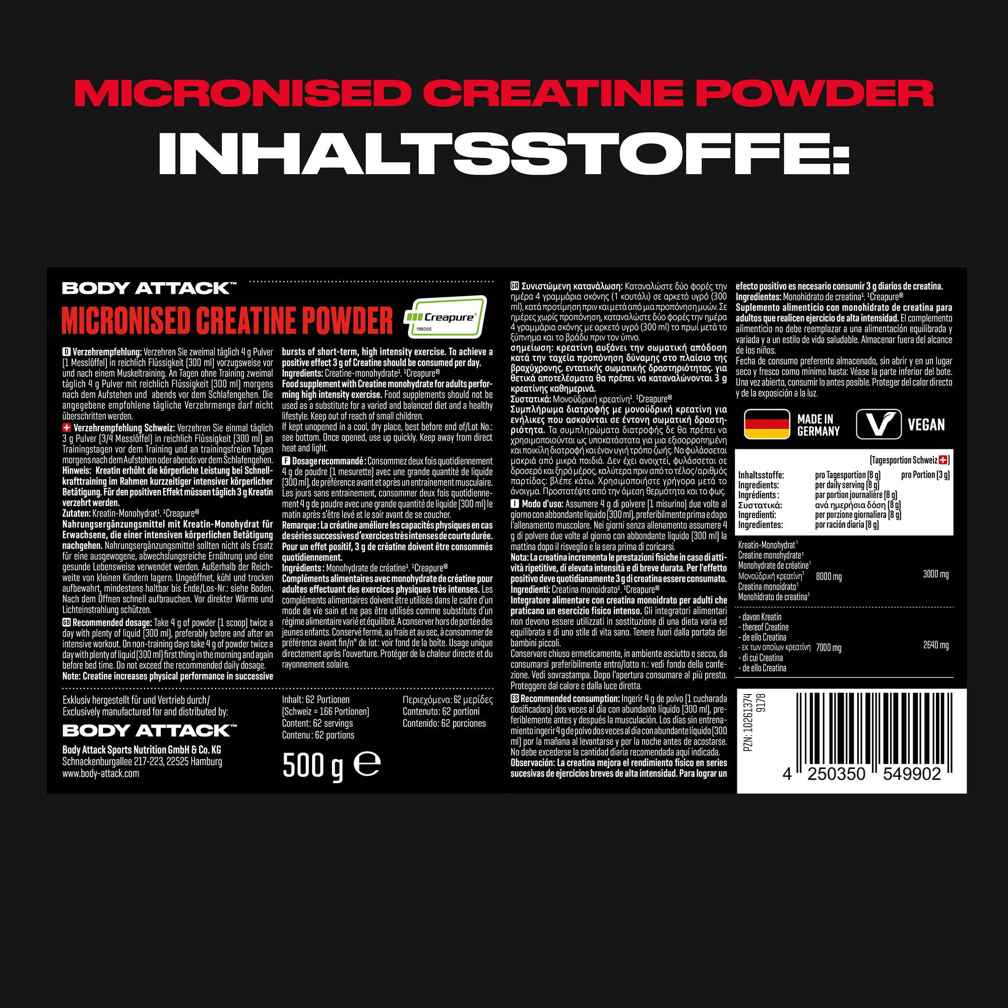 Body Attack Micronised Creatine Powder (Creapure®) 500 g - hochwertiges Kreatin 100% Made in Germany - hochdosiert für Fitness & Kraftsport, vegan
