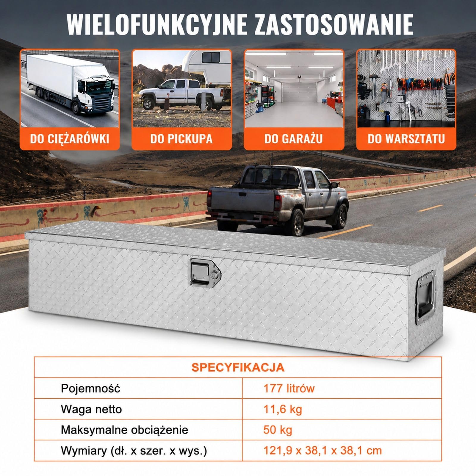 Aluminiowa skrzynka narzędziowa do samochodu, srebrna ryflowana obudowa z uchwytem bocznym i kluczami do paki pick-upa