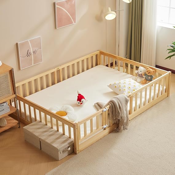 LEADZM Grand Lit Cabane Familial 140x200 cm en Pin Massif FSC avec Portillon