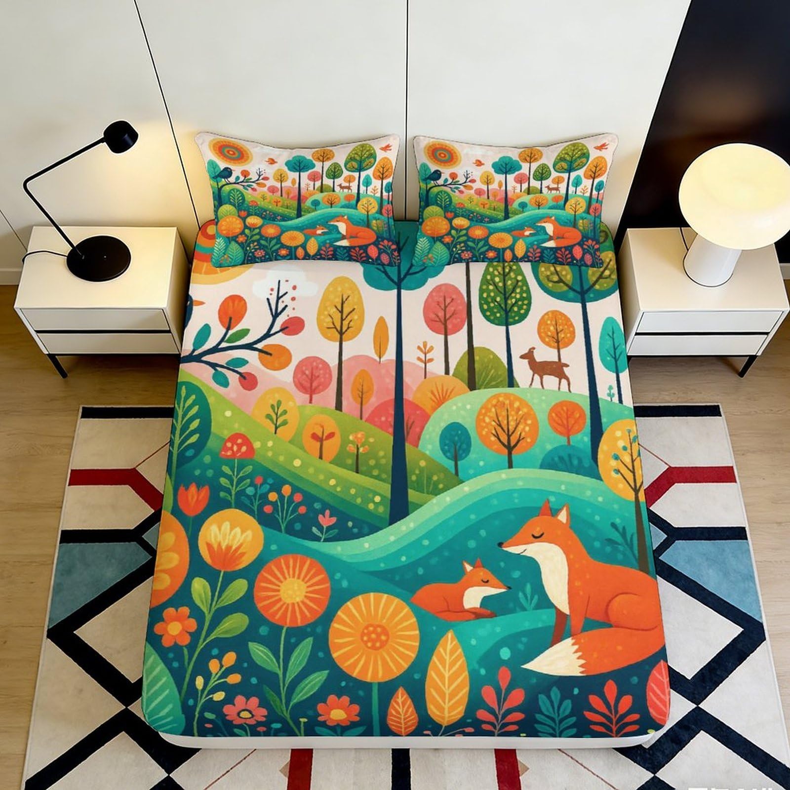 3D Printed Forest Fox Fitted Sheet Microfiber Soft Breathable Woodland Animal Mattress Cover for Bedroom Guest Room Decor 140x200x25cm
