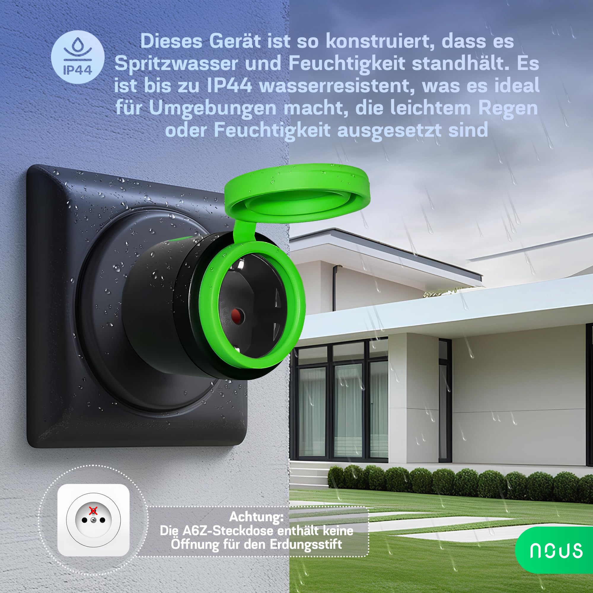 NOUS Zigbee Steckdose, Intelligente Außensteckdose IP44, Intelligente Steckdose mit Verbrauchsmessung, Kompatibel mit Alexa Zubehör, Smart Home Geräten, Google Home, Smart Life, 2MQTT, 16A