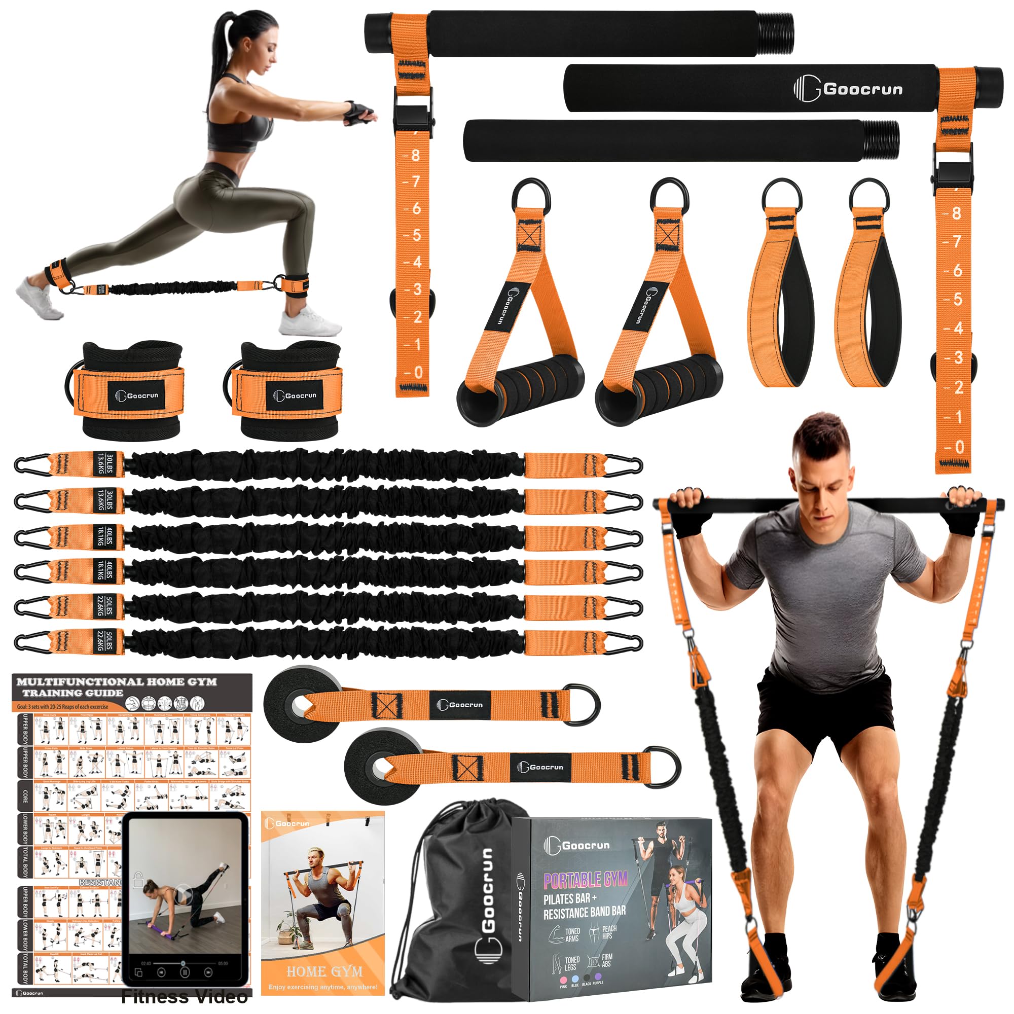 Przenośny drążek do pilatesu i pasek oporowy z uchwytami, zawiera kotwice do drzwi, pasek na kostkę i paski przedłużające - z plakatami fitness i filmami