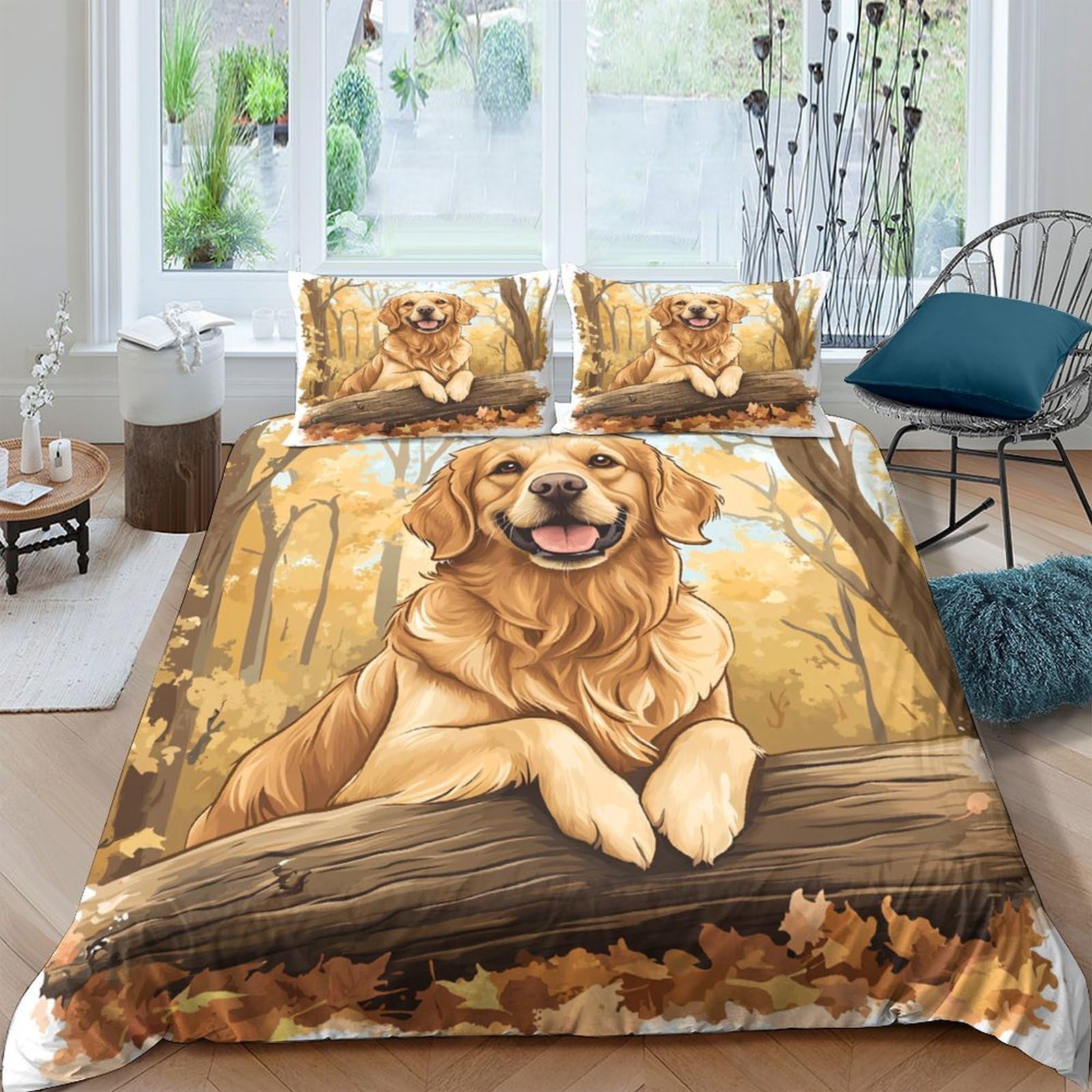 Ctjqhvkz Style-10 3D Printed Golden Retriever Fitted Sheet Microfiber Autumn Forest Bed Cover For Bedroom Guest Room Decor Easy Care Single（135X200cm）