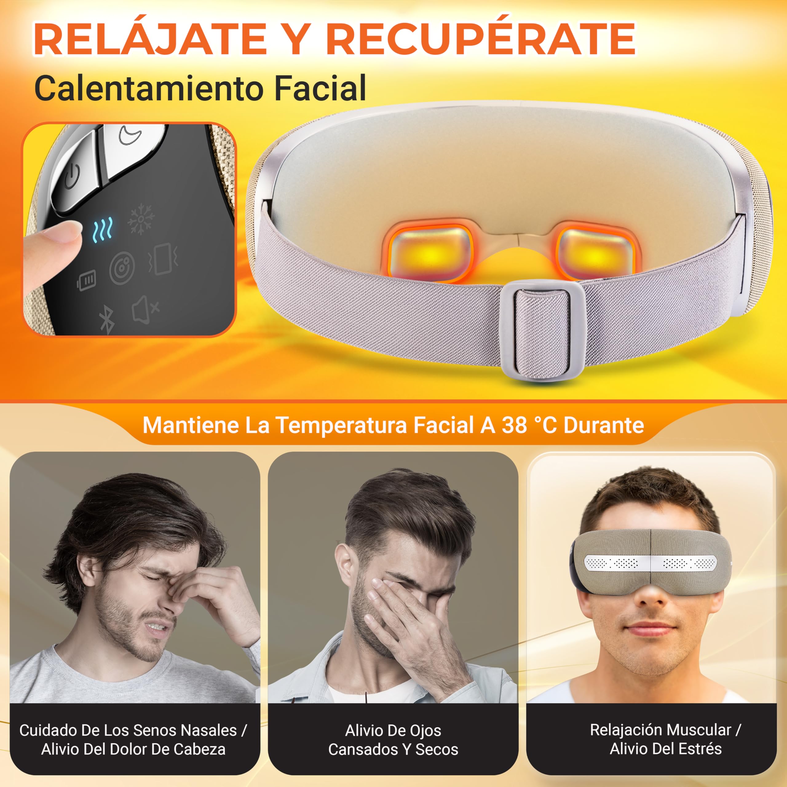 SereneLife masajeador de ojos con calor y enfriamiento, Compresión de aire y vibración, 5 modos de masaje, Música integrada, Gafas plegables, Inalámbrico y recargable para la relajación ocular