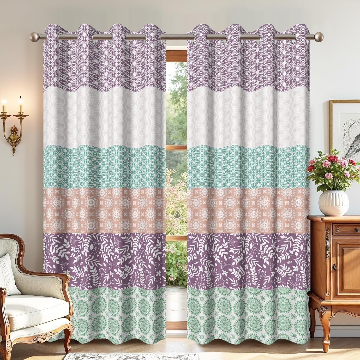 AWERT Boho Blackout Curtains 63 Inches Long 2 Panels Bohemian Leaf Geometric Patchwork Print Window Drapes for Bedroom Living Room Darkening Thermal Insulated, Each Size 42x63 Inches