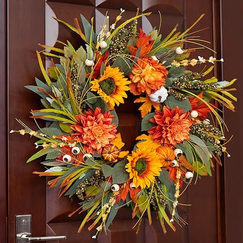 Miniatura 2 de Coronas de otoño para puerta delantera, corona de otoño de 24 pulgadas con calabazas, girasoles y bayas, corona de otoño al aire libre para porche,