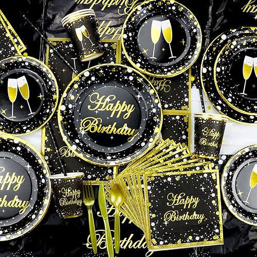 Miniatura 4 de 223 PCS Black and Gold Party Decorations - Black Gold Party Balloon Birthday Banner Garland Fringe Curtain Plates Napkins Cups and Tablecloth for