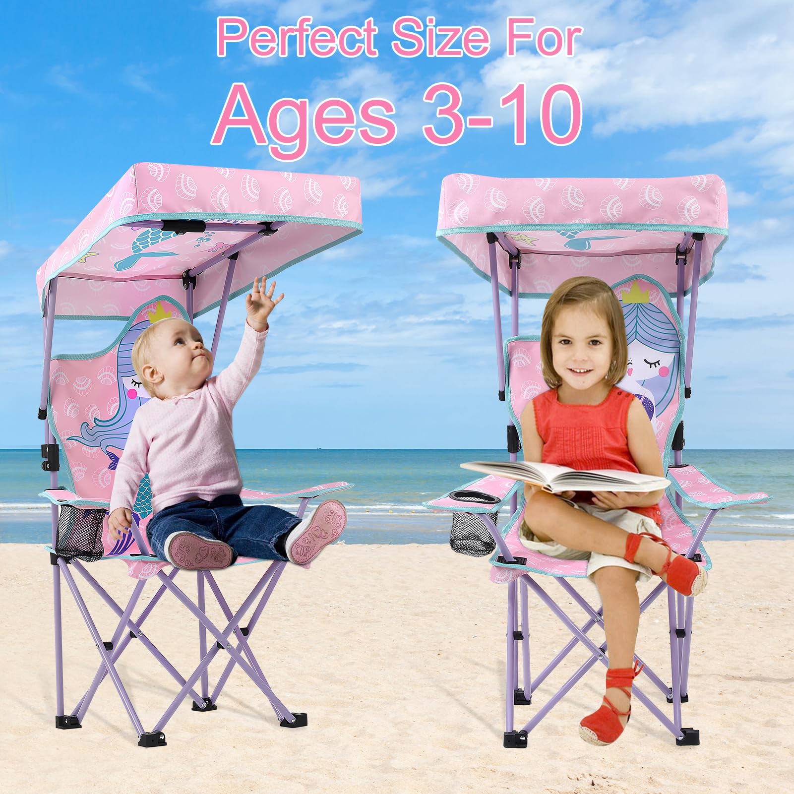 Silla de camping para niños con sombrilla, silla plegable con soporte para bebidas, silla de jardín portátil, silla de playa rosa, silla de camping para niños, para parque jardín, viajes al