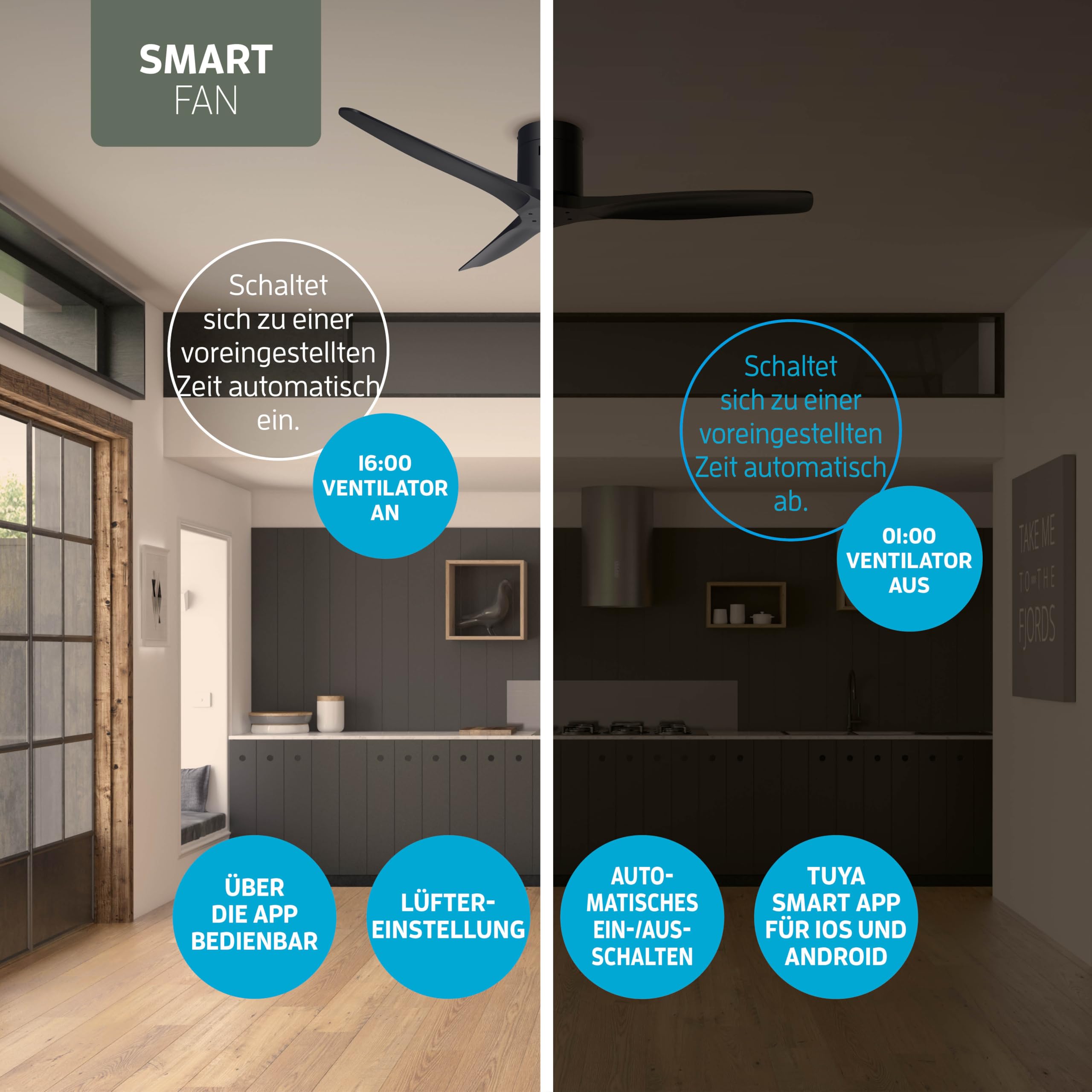 Varin® Smart Deckenventilator, Tuya WLAN, Lange Flügel, 6 Geschwindigkeiten, Ventilator Leise 20 dB, Deckenventilator mit Fernbedienung und App, Ø 132 cm, Schwarz