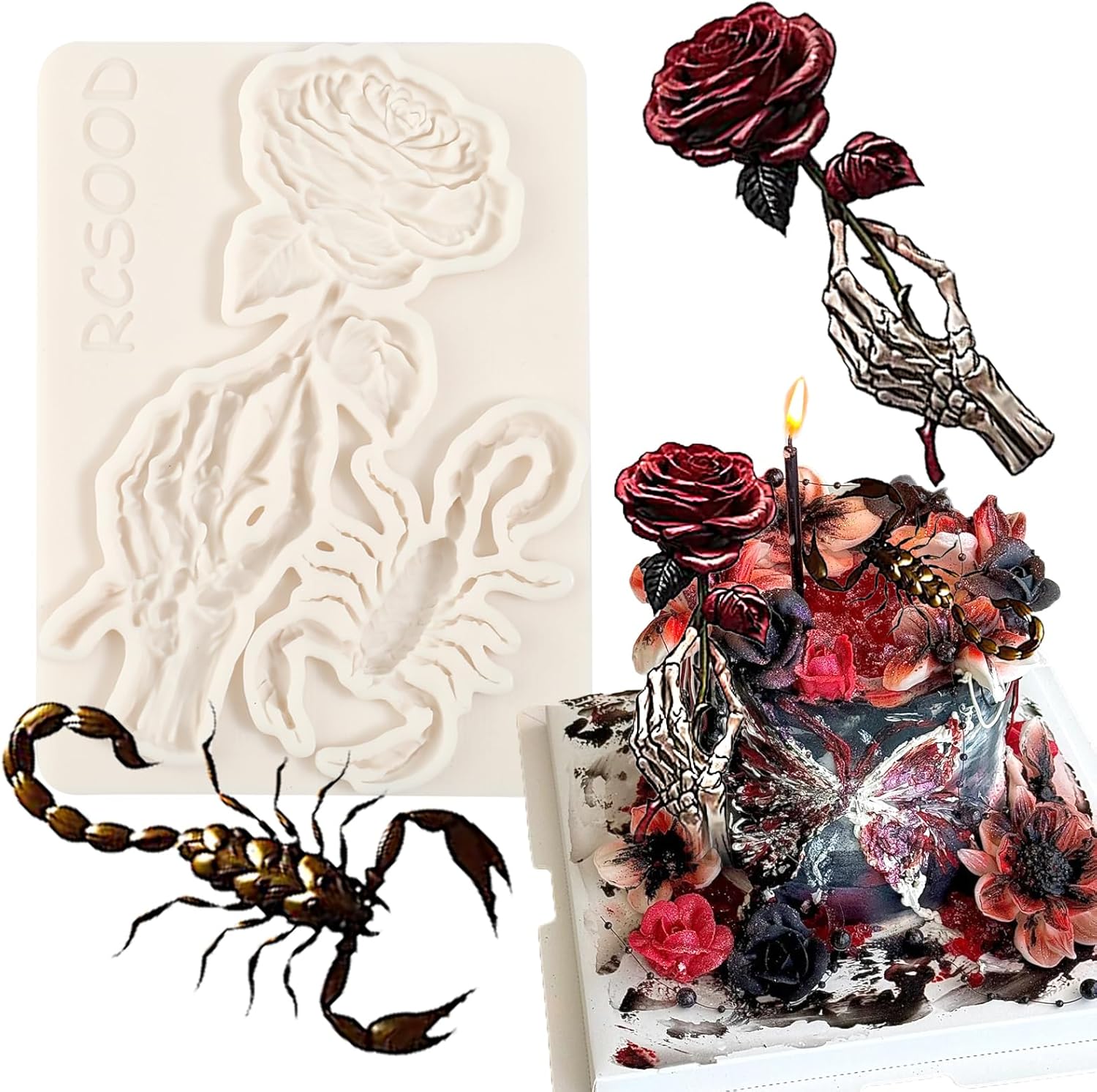 1 Pcs Rose Flower Silicone Mold, Halloween Scorpion Chocolate Fondant Mold For Cupcake Toppers, Cake Decoration, Candy Sugar Craft Dough Resin Clay Plaster Easy to Clean and Demold