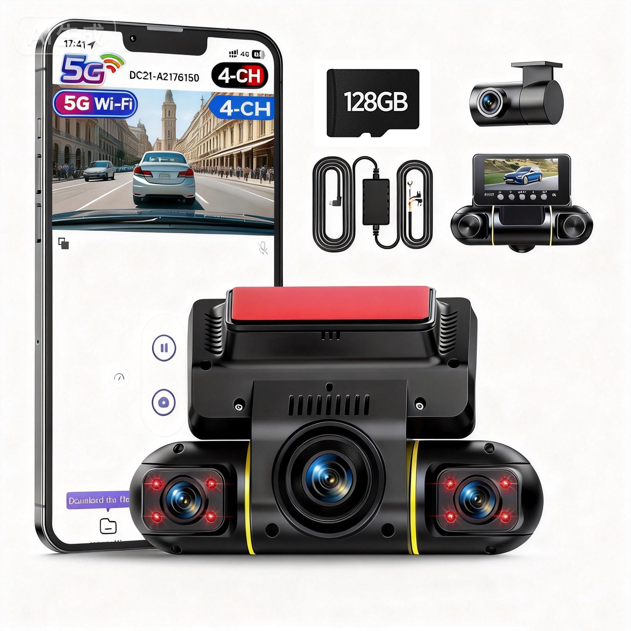LAMTTO 4 Channel Dash Cam 360° View 1080P Front Rear Inside Left Right, 5G WiFi Dash Camera for Cars with Hardwire Kit Included for 24/7 Parking Monitor, 8 IR Night Vision, 128GB SD Card