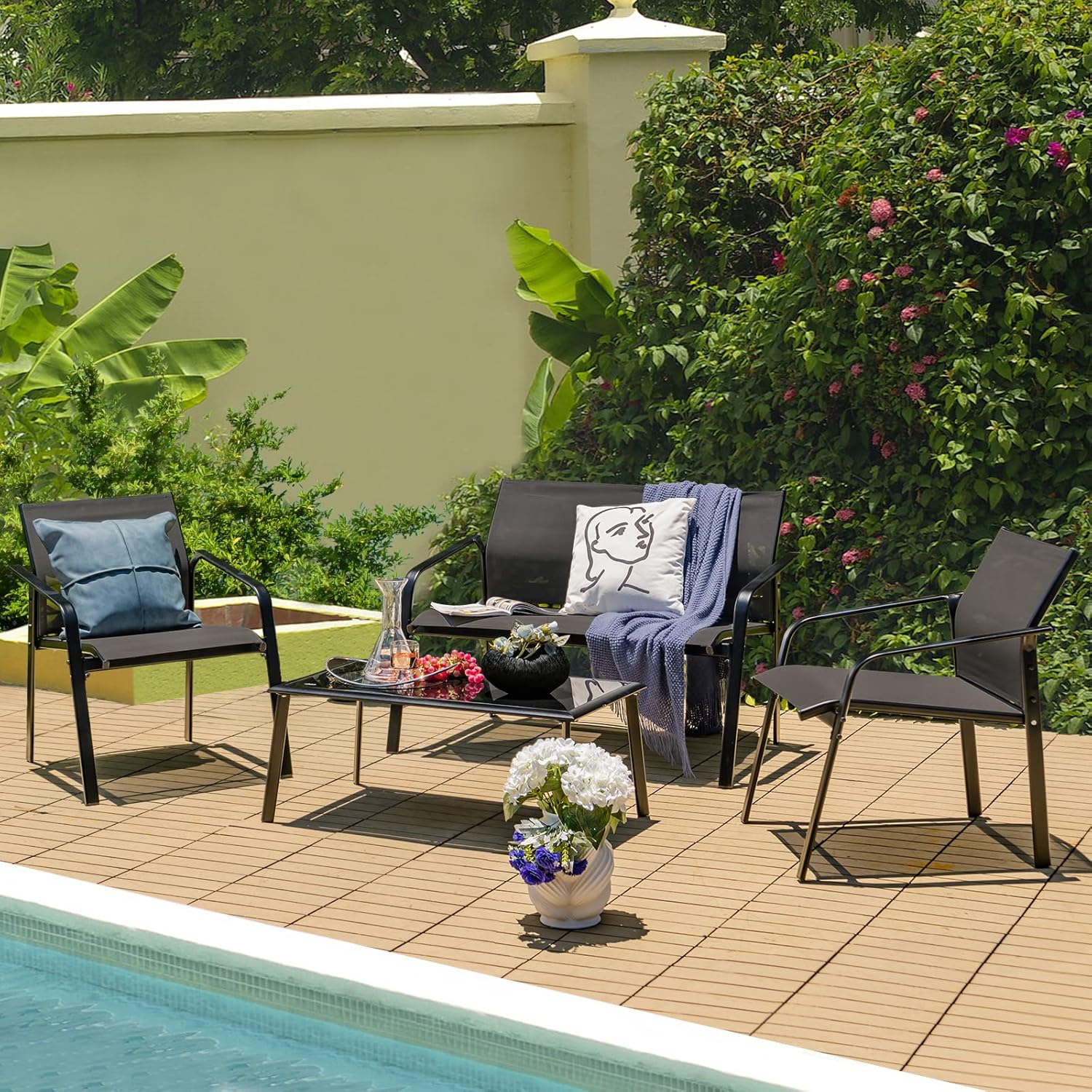 HAPPYGRILL 4 Piece Outdoor Conversation Set Patio Furniture Set, Breathable Fabric Single Chairs & Loveseat, Tempered Glass Coffee Table, Patio Bistro Set for Poolside Yard Garden