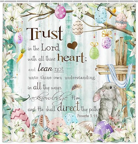 Miniatura 2 de NYMB Divertida cortina de ducha de Pascua, bonito conejo con citas inspiradoras de confianza en el Señor, cortina de baño de madera rústica,