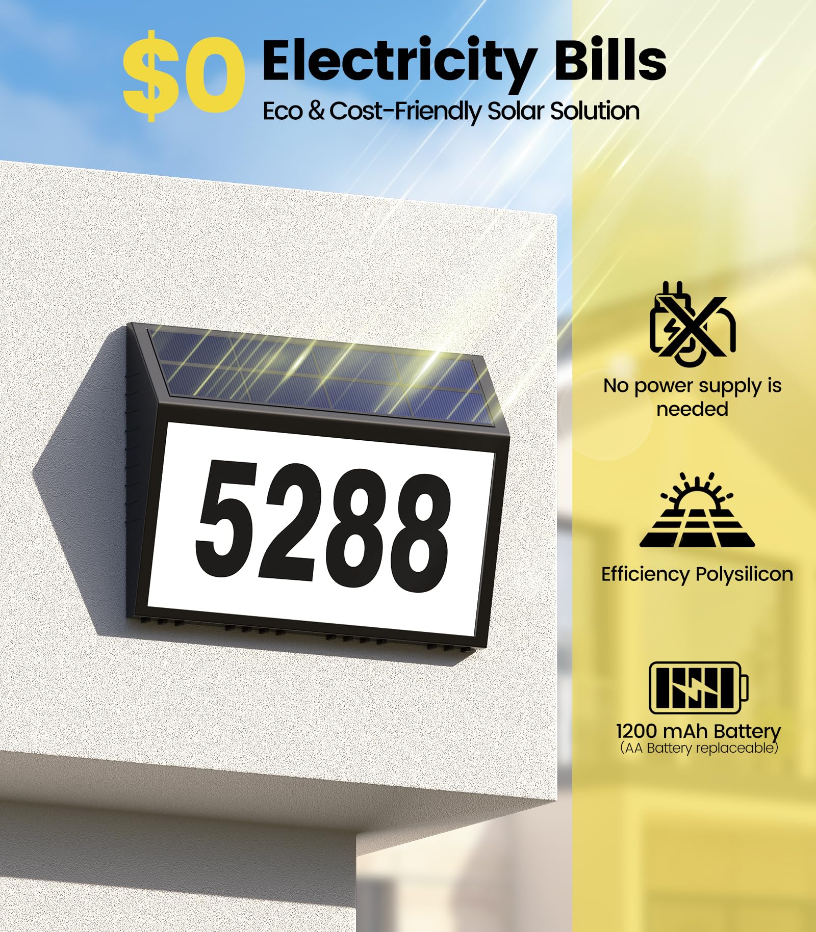 SolarHausnummern für außen beleuchtetes Adressschild für den Hof mit LEDbeleuchtet Pfahl und Aufkleber wasserdichte Adressschild für HeimstraßenBriefkasten leicht zu lesende Tag und Nacht schwarz