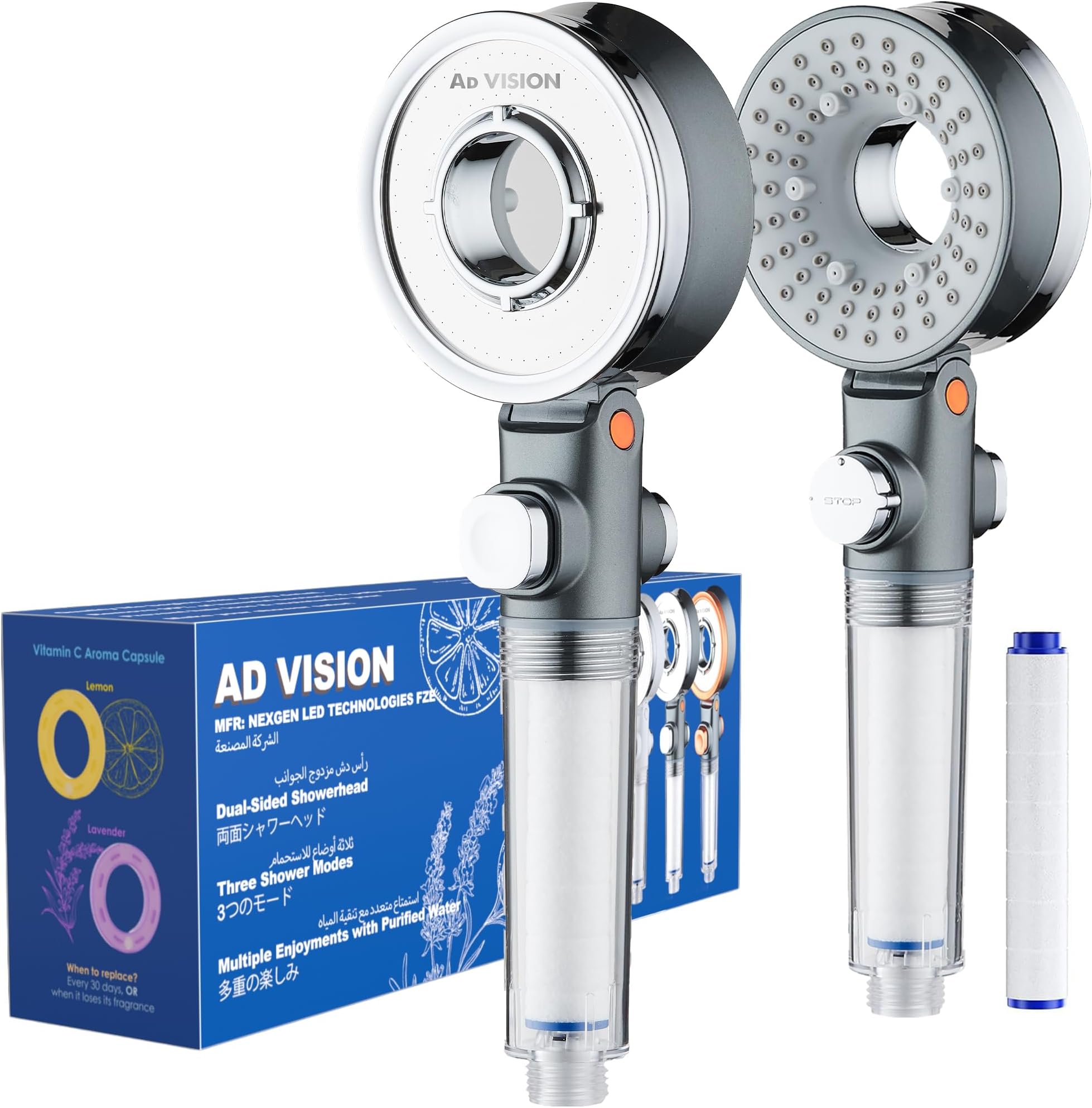 AD-VISION SGS Filtered High Pressure Shower Head | Removes Chlorine, For Hard Water & Hair Loss | 3 Modes with Adj. Flow Pause | Double Sided Micro-Nano Bubble Tech, (Starter Kit - Gunmetal Gray)