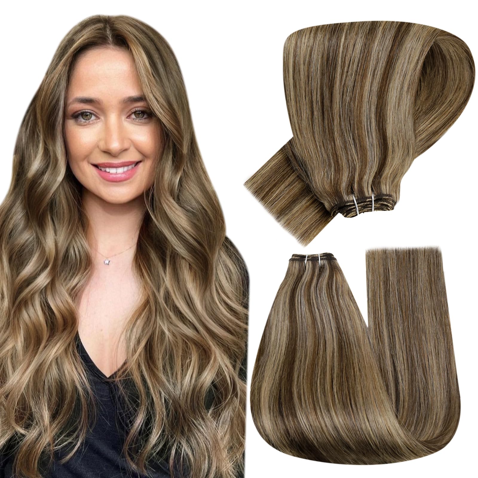 Hetto Weft Human Hair Brown Highlight Blonde 4/27 Sew in Weft Hair Extensions Brown Human Hair Weave 14 Inch 80g