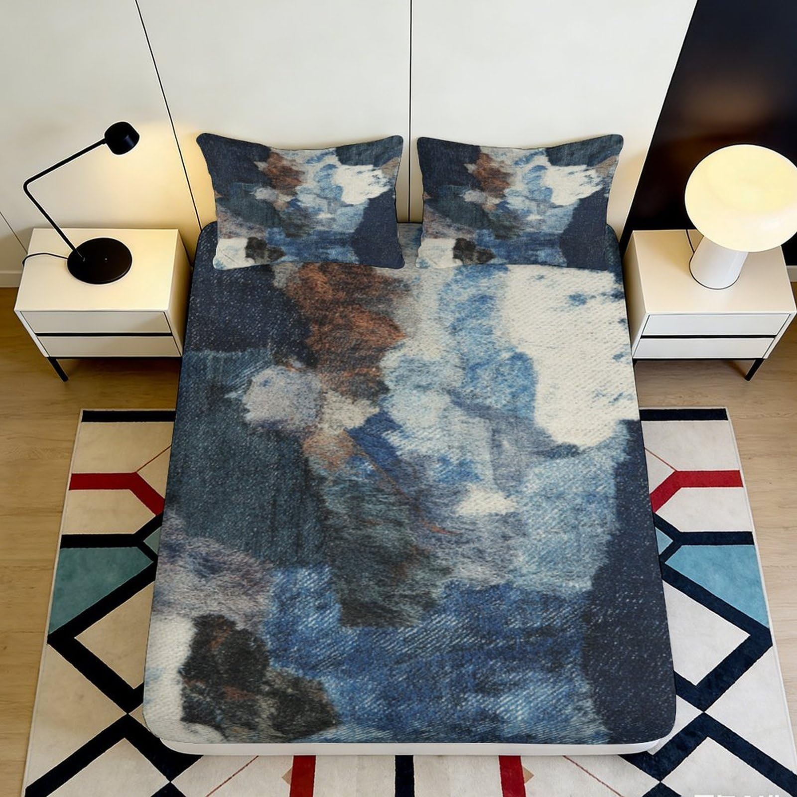 3D Printed Abstract Blue Cloud Fitted Sheet Microfiber Soft Artistic Brown Watercolor Bed Sheet for Bedroom Guest Room Decor 90x200x25cm