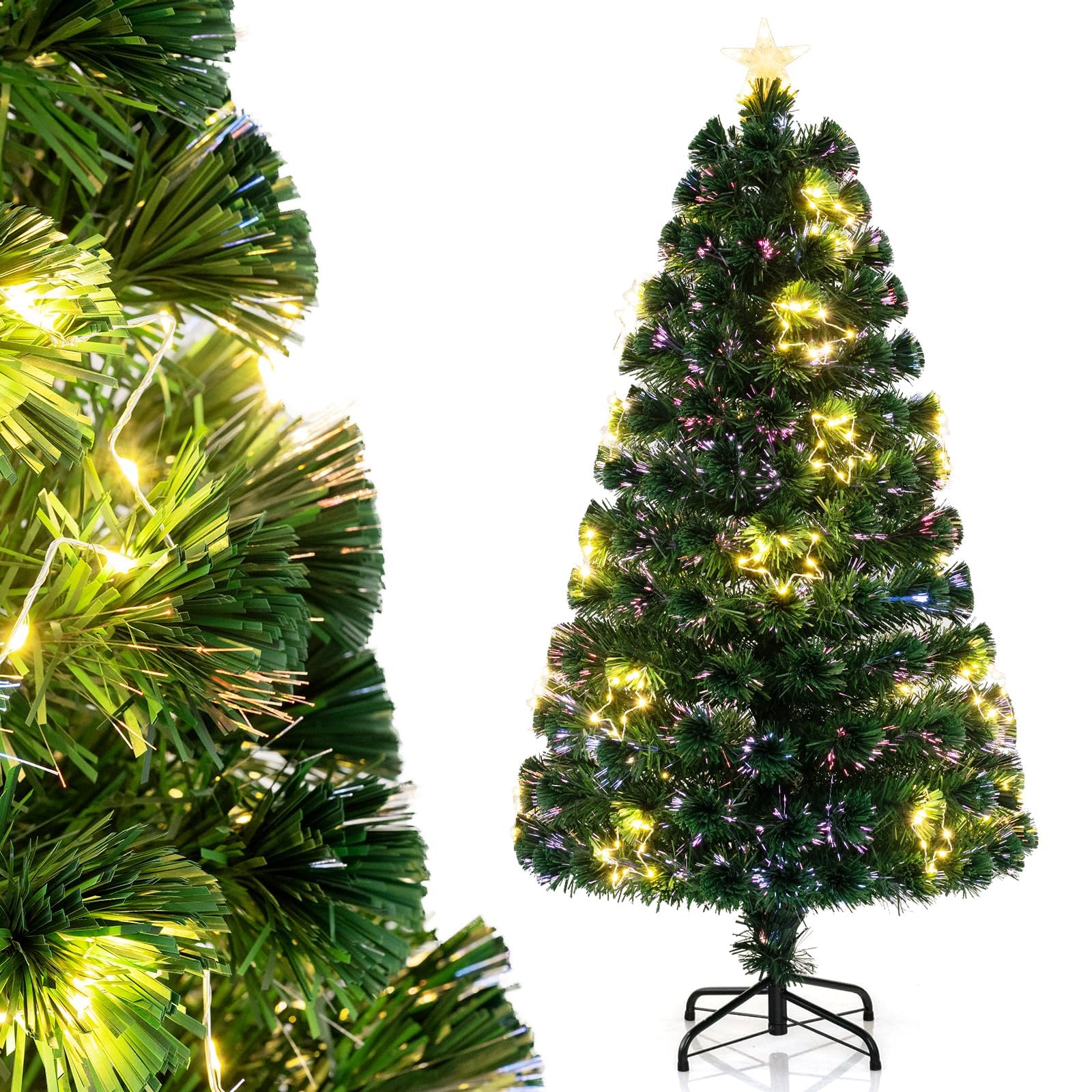 RELAX4LIFE Árbol de Navidad con 130 Ramas, 197 Luces LED Blancas Cálidas, 18 Decoraciones Estrelladas y Fibras Ópticas, Arbol de Navidad con Luces Incorporadas, Arvore de Natal (120 cm)