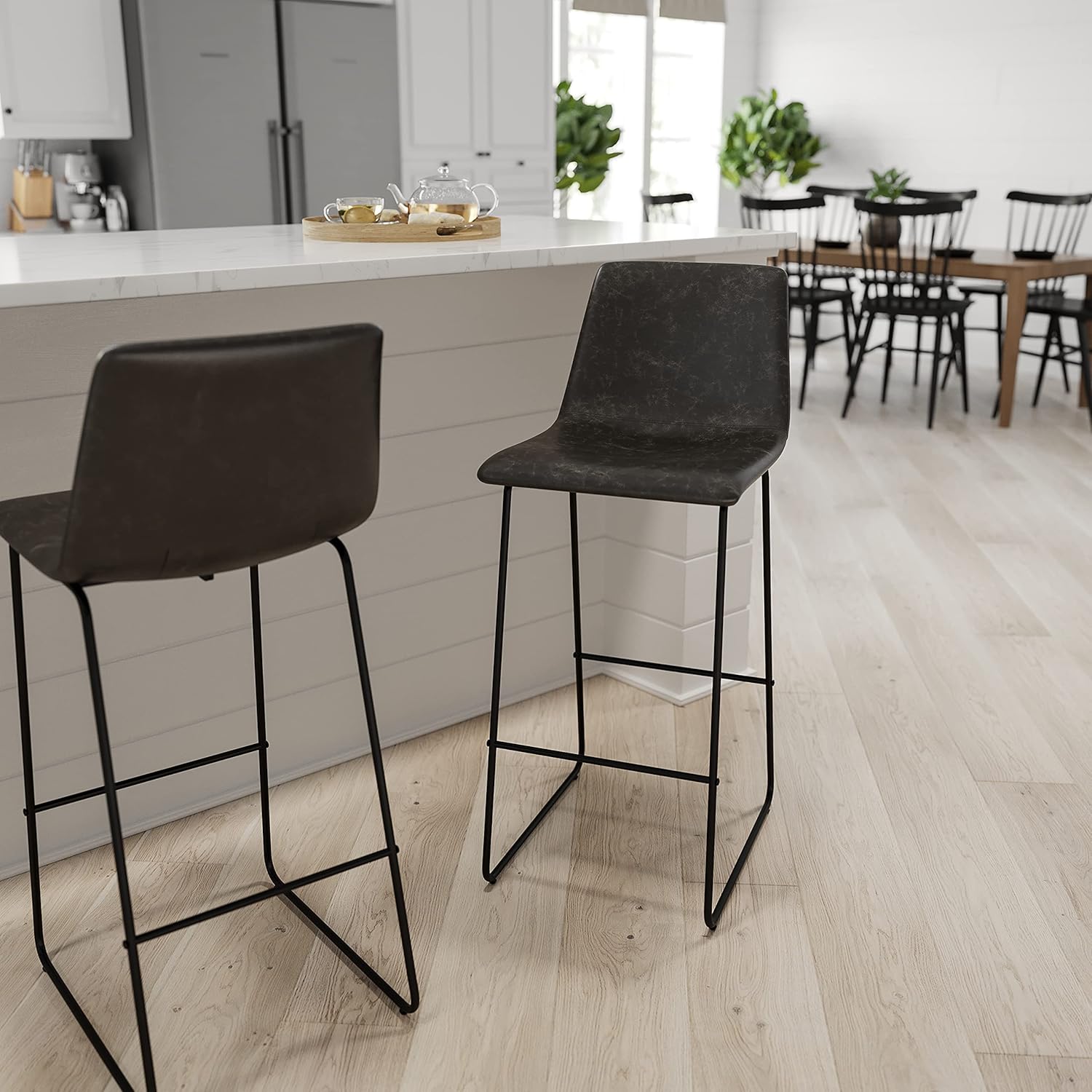 Merrick Lane Carrollton 30 inch Faux Leather Bar Height Bucket Seat Stools in Dark Gray, Set of 2