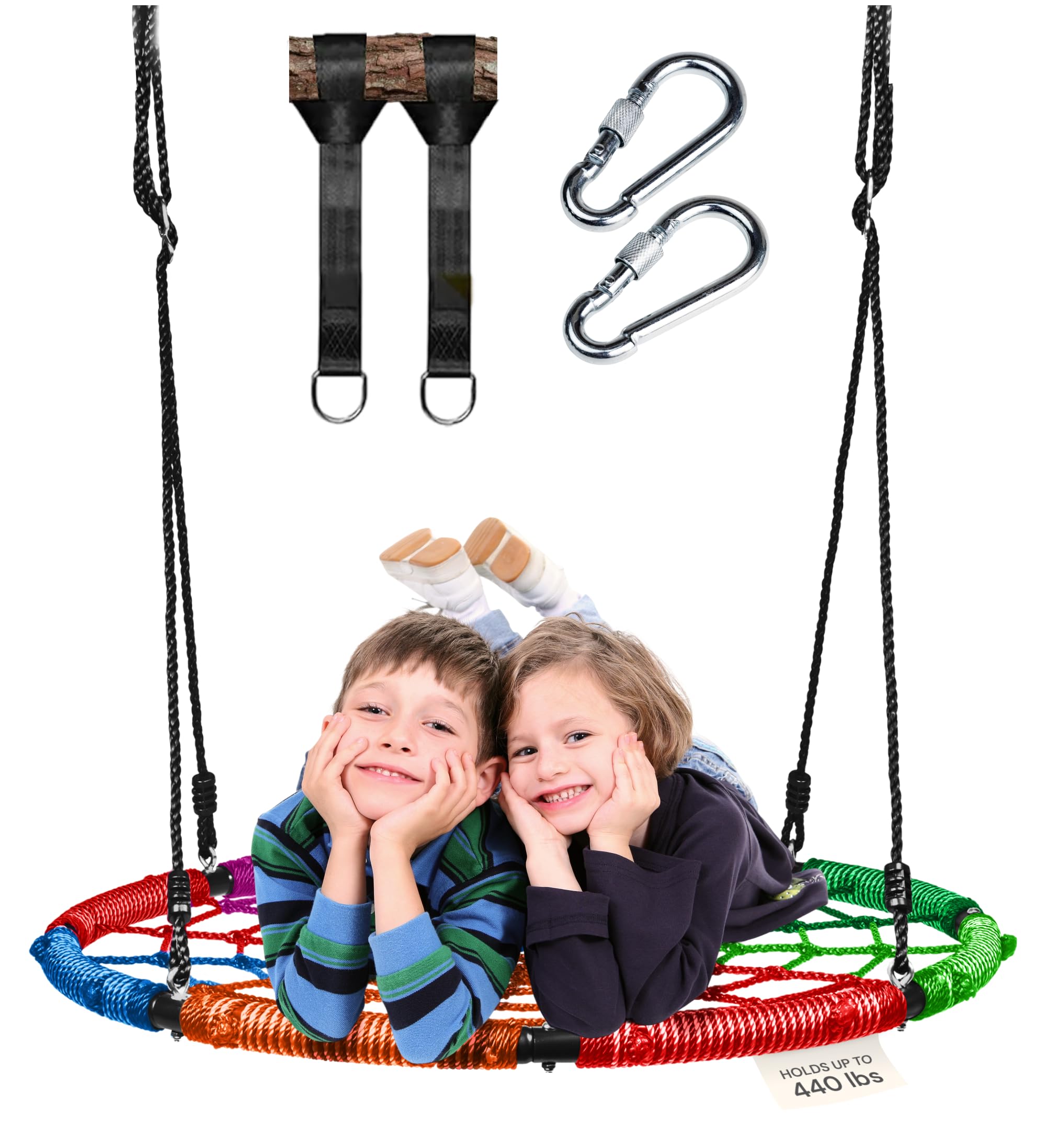 PLAYVIBE Spider Web Tree Swing Gift - 40 in Multicolor Saucer Swing - 440 lb Capacity with Hanging Straps & Carabiners - Weather-Resistant Outdoor