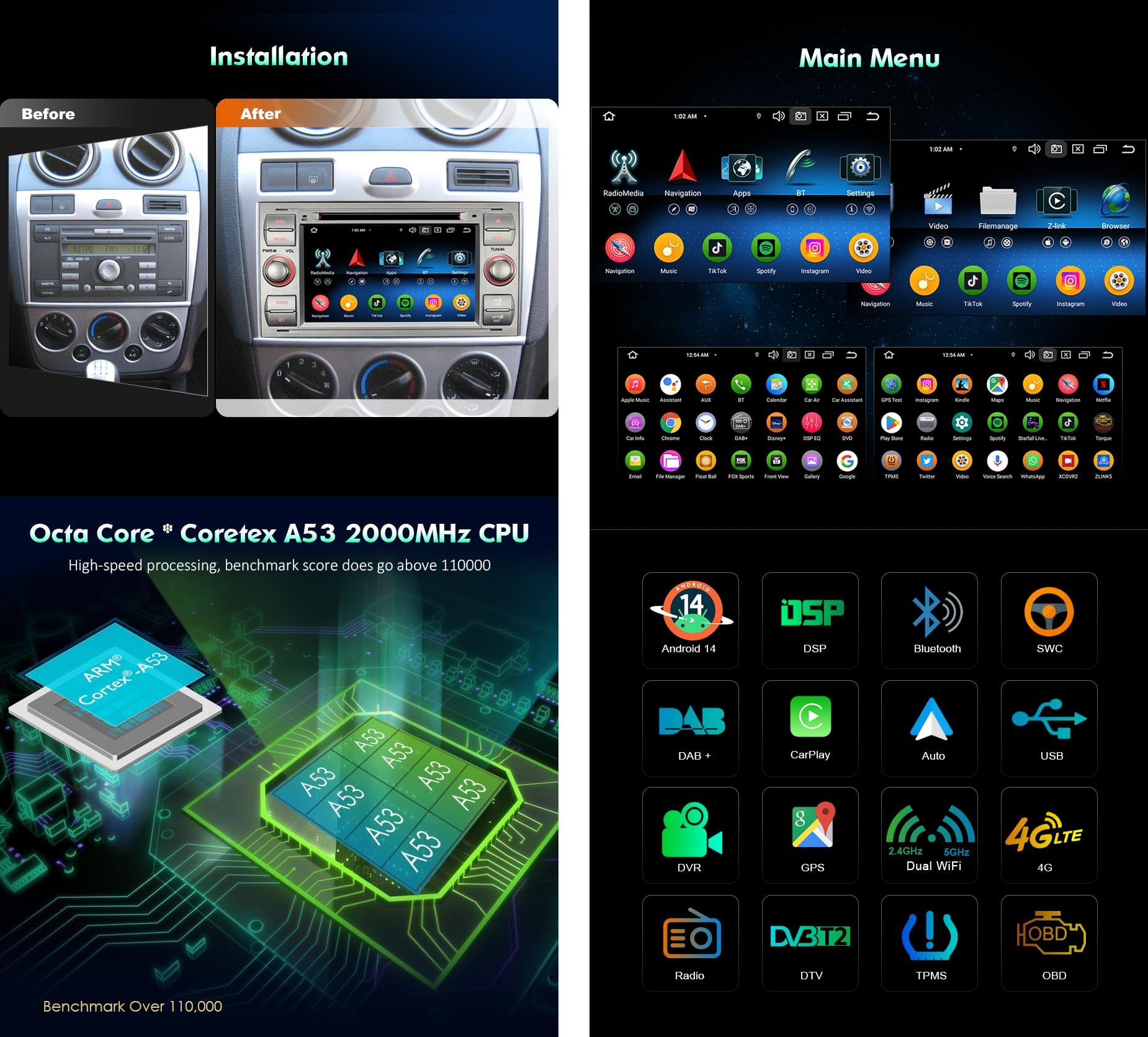 Erisin 7 Pollici Android 14 8-Core 4GB+64GB Autoradio GPS Navigatore per Ford C-Max S-Max Focus Galaxy Kuga Connect Fiesta Transit DVD Supporti Bluetooth 5.0 IPS CarPlay Android Auto WiFi DSP OBD2 USB