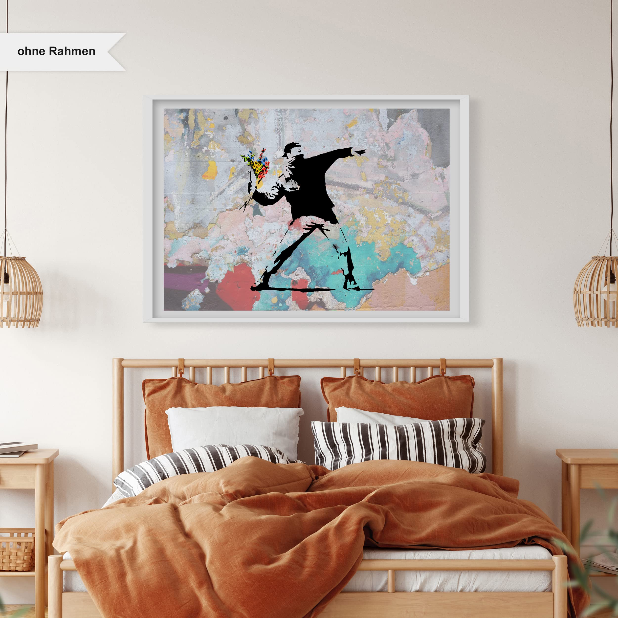 Poster aus Baumwolle Banksy Mann wirft Blumen Activism - Modern Street-Art - Moderner Kunstdruck Klein bis Groß XXL - Geschenk Wohnzimmer, Schlafzimmer Kunstdruck ohne Rahmen, Wandbild - A4, A3, A2..