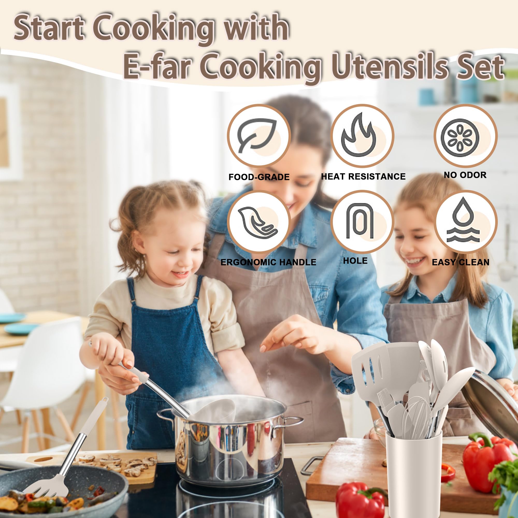 E-far Juego de 14 utensilios de cocina de silicona caqui