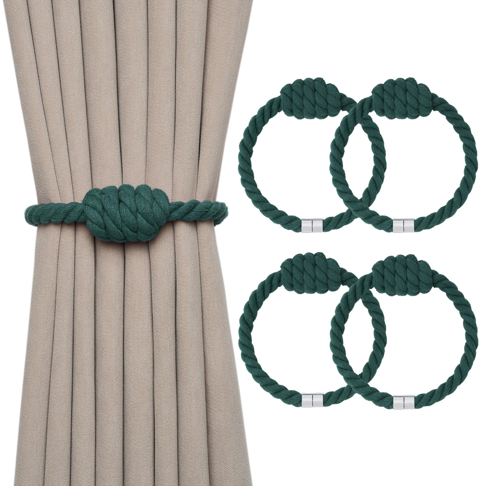 Pretty Jolly 4 Pack Natural Cotton Rope Magnetic Curtain Tiebacks Boho Style Drape Tie Backs Elegant Hand Weave Rope Knot Decorative Curtain Holdbacks for Home & Office Window Drapery (Dark Green)