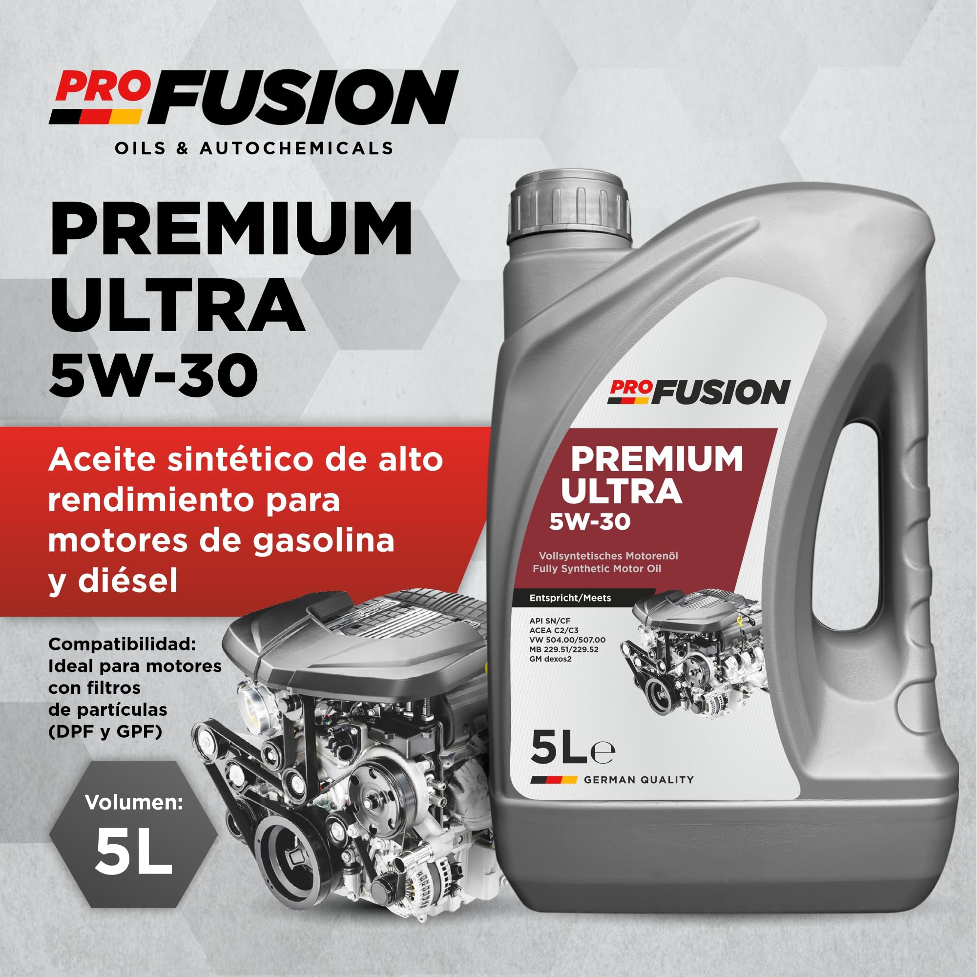 ProFusion Aceite 5W-30 para Motores Gasolina y Diésel - Lubricante Sintético para Coche Premium Ultra ACEA C3 Compatible con Filtros de Partículas (DPF) Pack de 2 x 5L (10 Litros en Total)