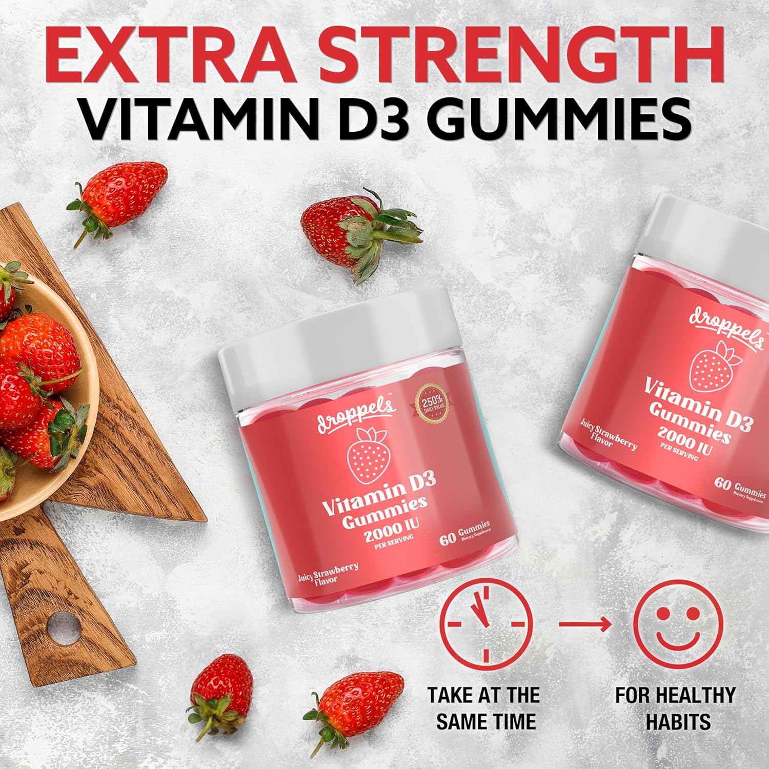 Droppels Vitamin D3 Gummies 2000 IU – Extra Strength, Vegetarian, Pectin Plant-Based Vitamin D Gummies for Bone Health Support – Juicy Strawberry Flavor, 60 Count (1-Month Supply) - Image 3