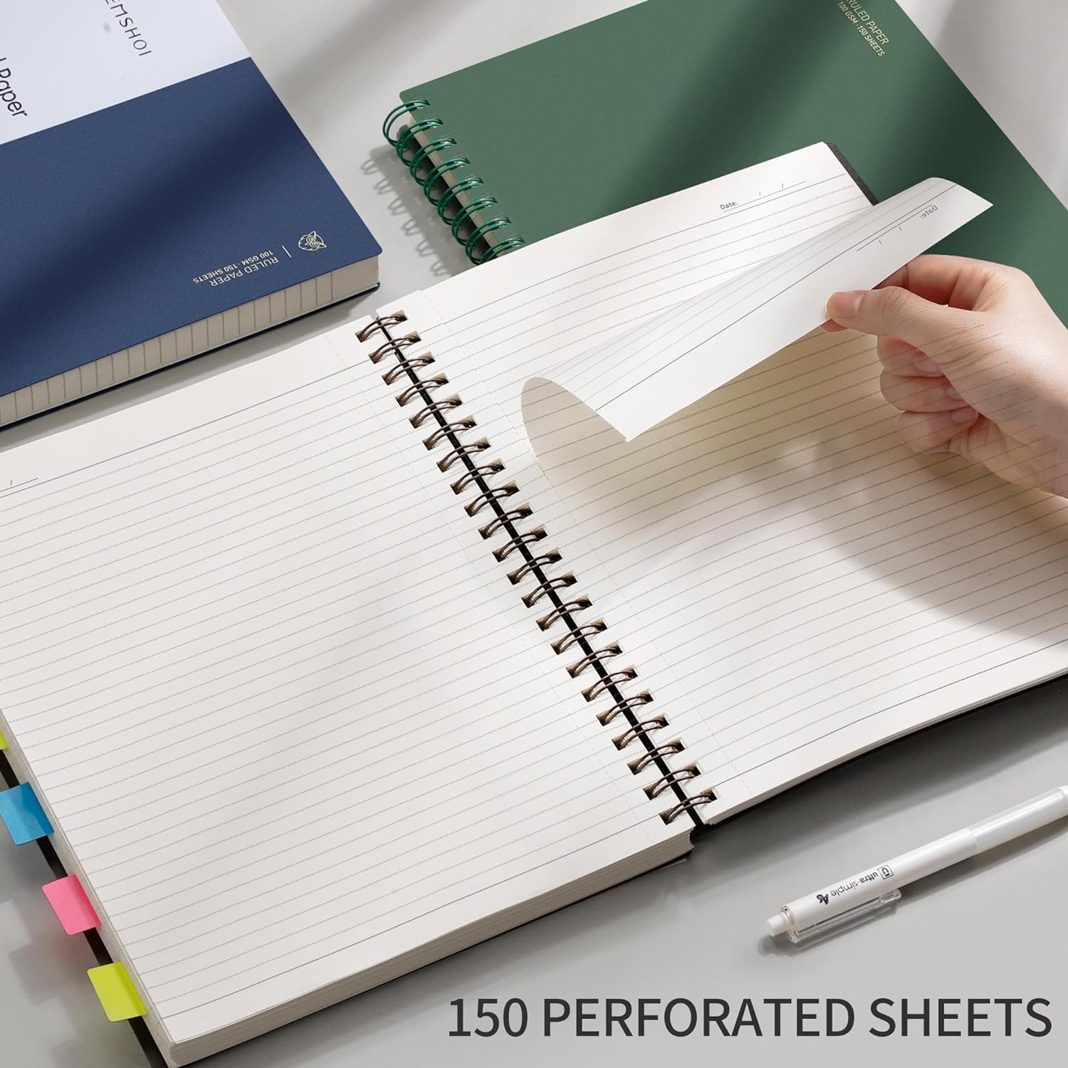 EMSHOI A4 Notebook Lined 300 Perforated Pages/150 Tear Sheets, Wirebound Spiral Notepad, 100gsm Thick Paper, Waterproof Softcover, Writing Journal for Work Office School, 21.5x27.9cm, Dark Green 7 81Gv8d8Uu1L. AC SL1500