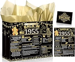 Black Gold 70th Birthday Gift Bag Vintage 1955 Gift Bag with Greeting Cards 70th Birthday Wrapping Paper Bag for Man Women 70 Year Old Party Supplies